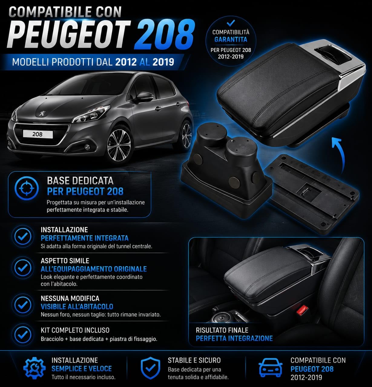 Armlehne Auto kompatibel mit Peugeot 208 2012-2019 - Mittelarmlehne aus schwarzem Leder mit Aschenbecher und Staufach