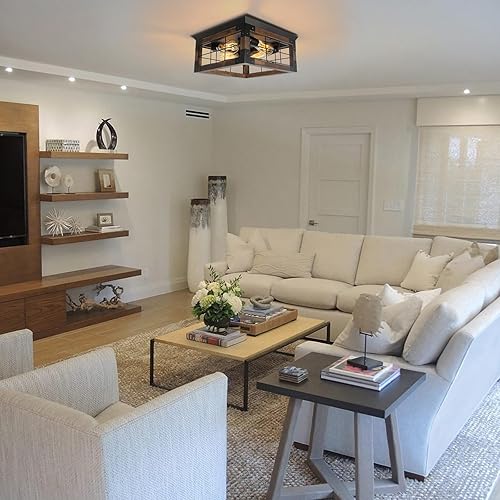 Miniatura 7 de Lámpara de techo de montaje empotrado, 4 luces de madera rústica, cuadrada, lámpara de techo para comedor, cocina, sala de estar, dormitorio, porche