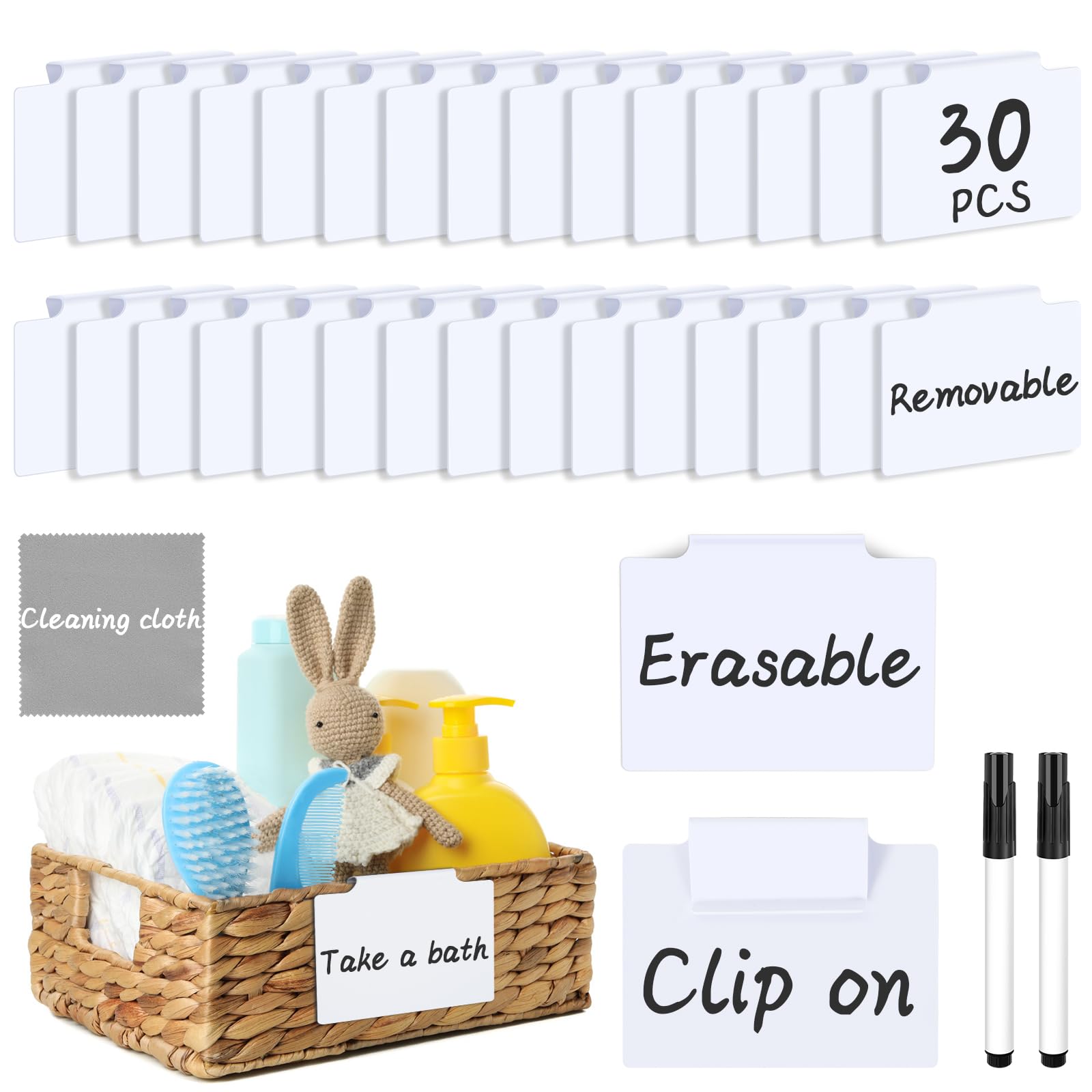 DANRONG 33PCS Basket Labels Clip On, 30 Labels for Storage Bins Removable with 2 Chalk Markers & 1 Wipe, Kitchen Pantry Labels, Plastic Storage Bin