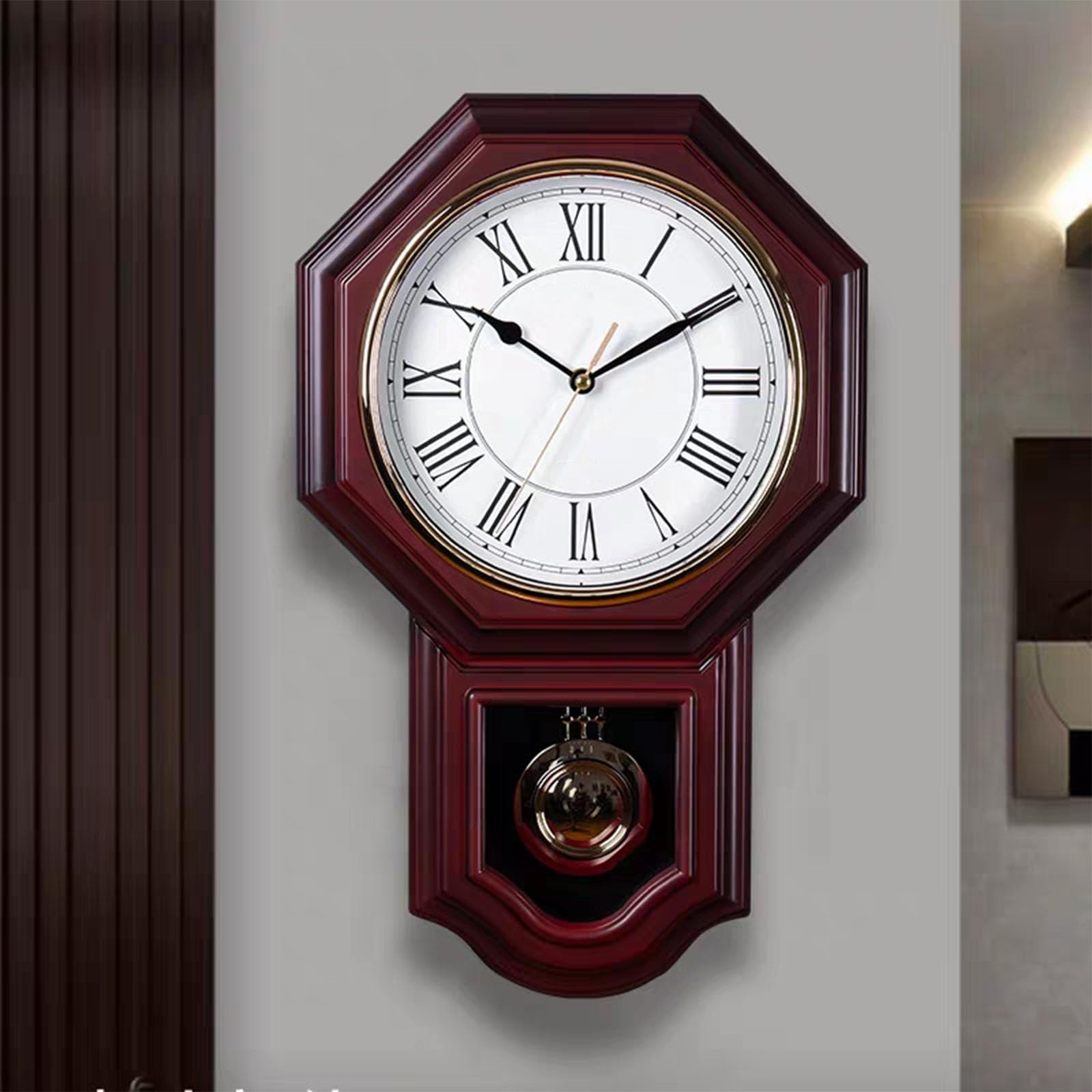 Zegar ścienny ośmiokątny vintage wahadłowy dzwonek nocna cisza kontrola rzymska cyferblat klasyczny retro dekoracyjny zegar do salonu gabinetu biura parapetówka prezent