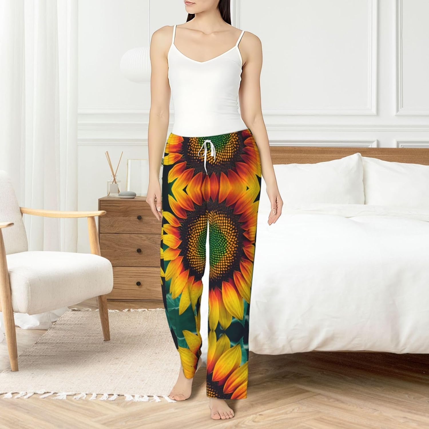 Rainbow Sunflowers Print Cozy Christmas Pajama Pants,Flannel Pajama Bottoms,Cater To Various Body Types