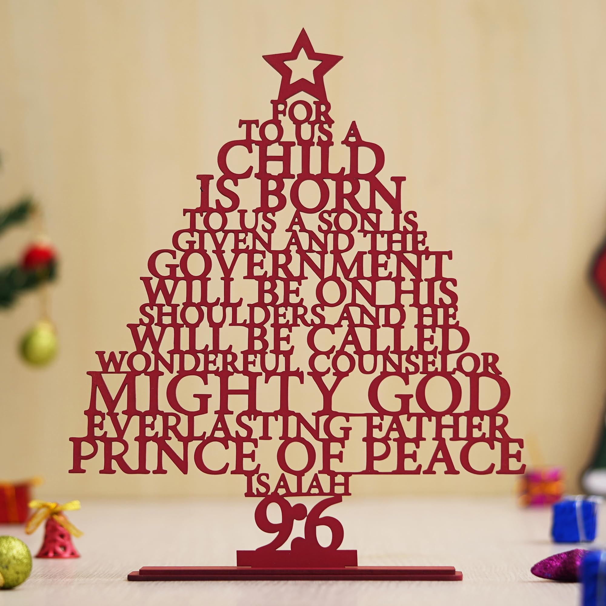 eCraftIndia Red Wooden Isaiah 9:6 Christmas Tree | Xmas Tree | Christmas Tree for Table Home Living Room Office | Christmas Ornaments | Christmas Props | Merry Christmas Decorations Items for Home 1