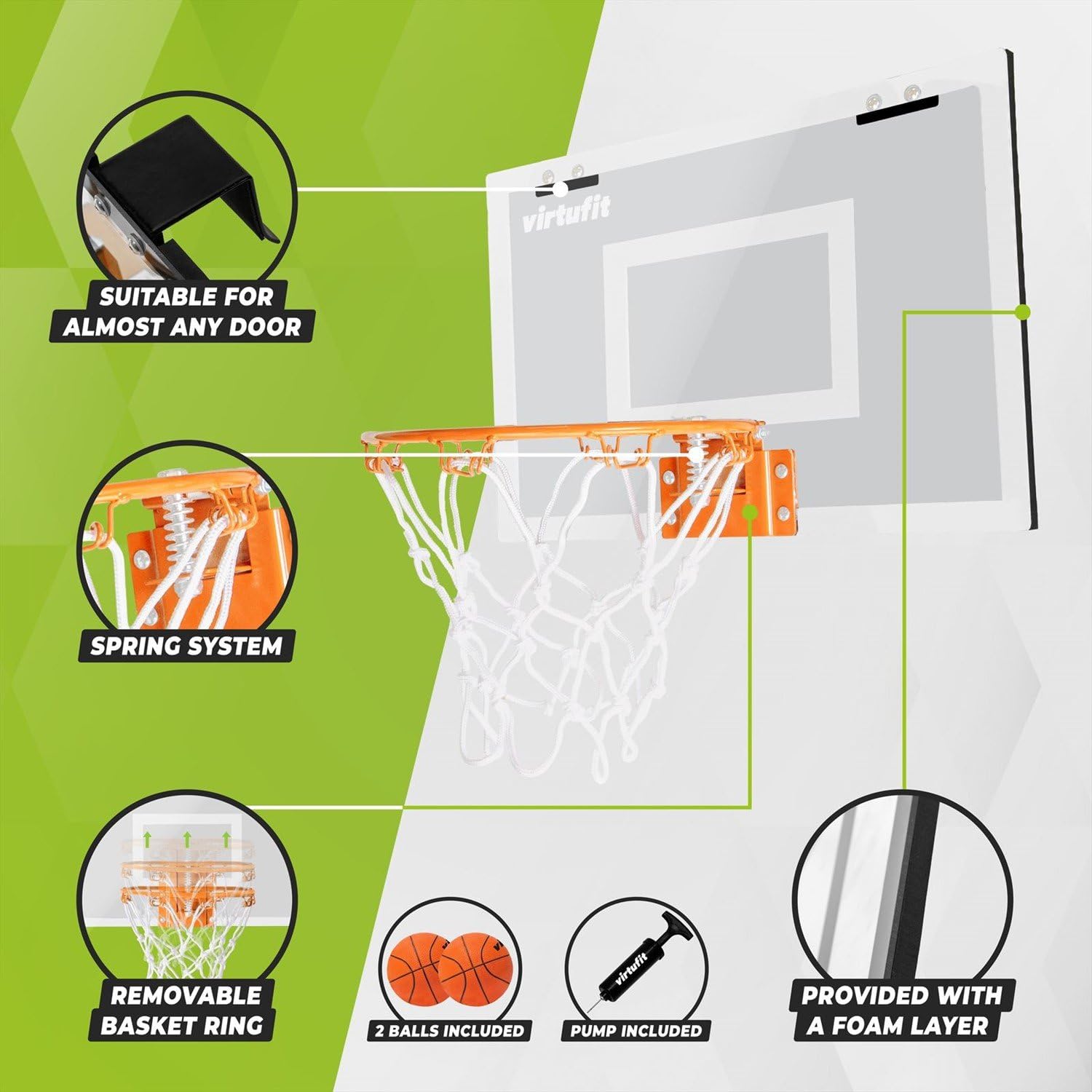 VirtuFit Pro Mini deska do koszykówki z 2 piłkami i pompką, biała