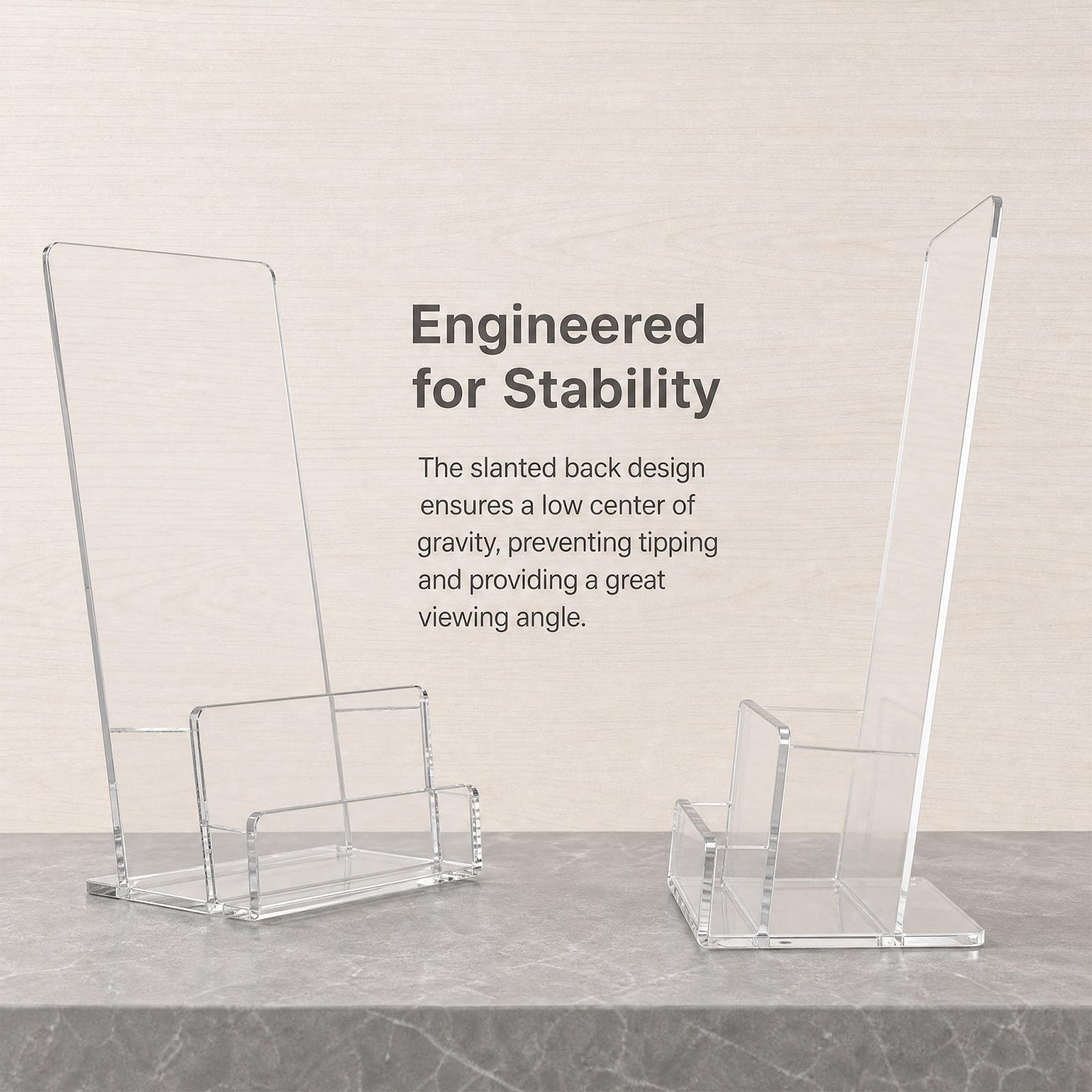 2 Pack Expositor para Folletos A6 de Metacrilato Transparente Soporte Inclinado con Porta Tarjetas de Visita Organizador de Flyers Publicidad Base Antivuelco Estable para Mesa Mostrador Negocio | Acrílico transparente con ranura para tarjetas de visita, 3
