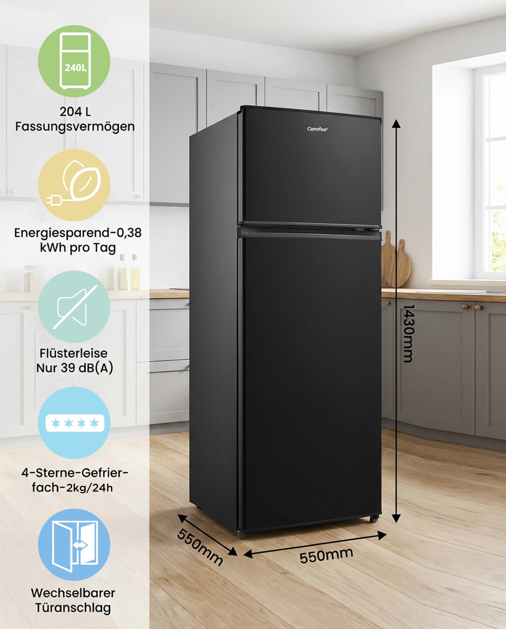 Comfee Kühlschrank mit Gefrierfach 204L Kühl-Gefrierkombination 143 cm Low Frost Leise 39 dB LED-Licht Inverter Kompressor Freistehend Schwarz