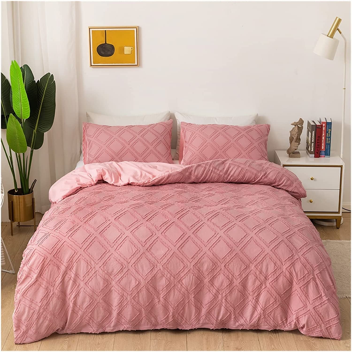 Housse de couette rose King 260x230cm géométrique en microfibre