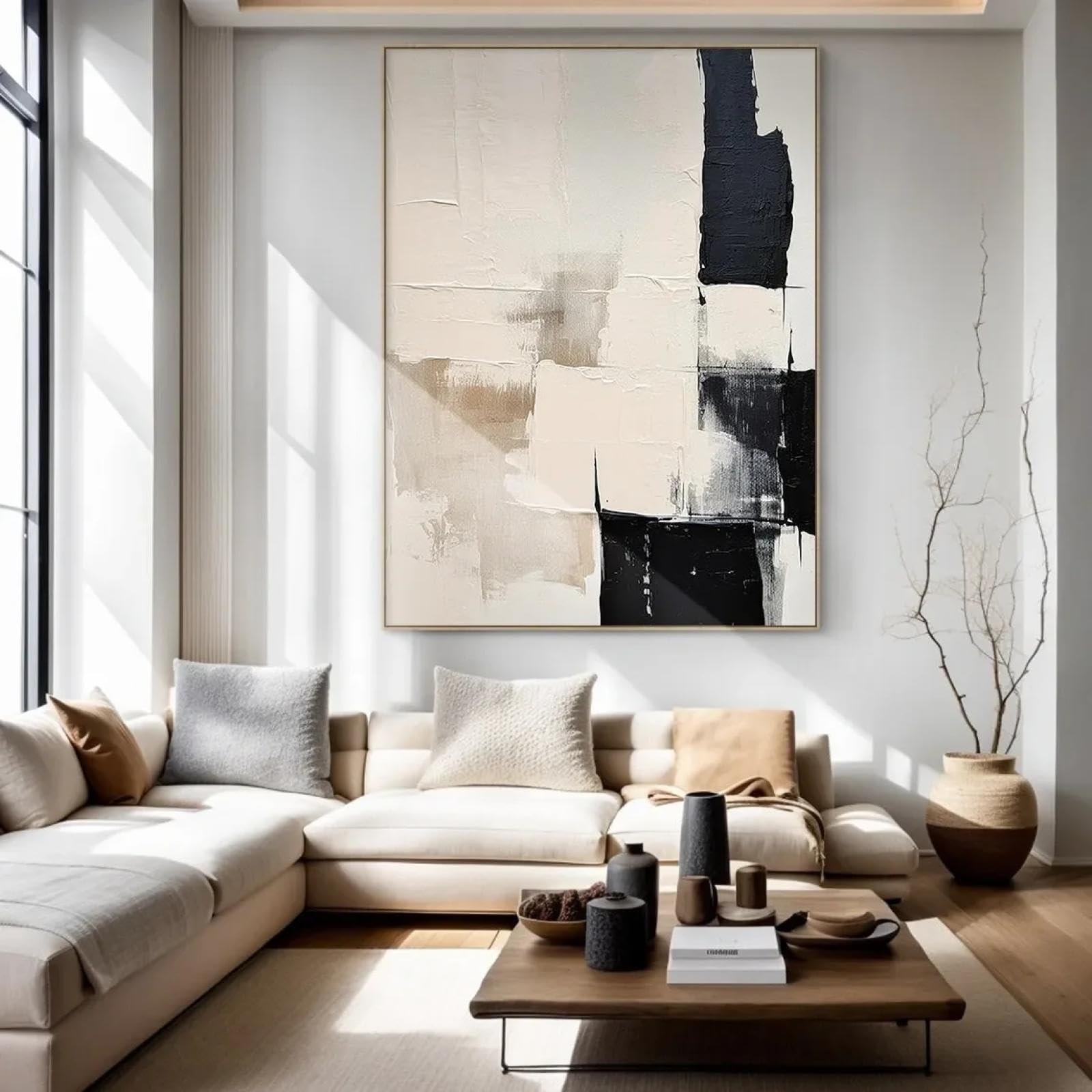 ZHAOLIN Large Canvas Black Beige Abstract Painted Painting Minimalist Textured Wall Art Canvas Painting for Living Room Decoration 60x90cm InnerFrame