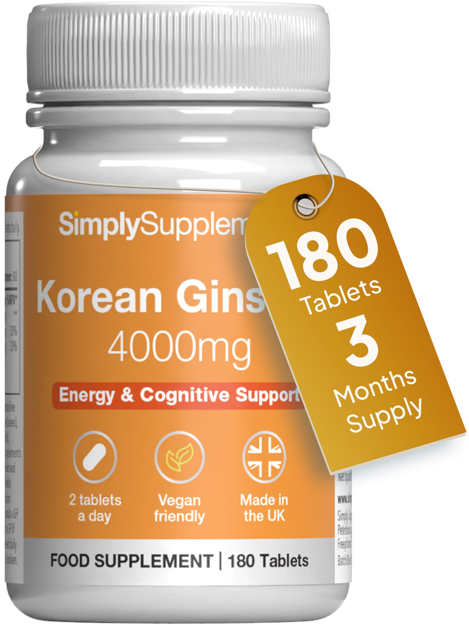Korean Ginseng 4000mg | Supports Mental & Physical Wellbeing | with Vitamin B6 & Zinc | Contributes to Immune Function | 180 Tablets = 3-Months Supply | GMP Certified & UK Made