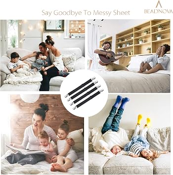 BEADNOVA Bed Sheet Straps 4 Pcs Bed Sheet Holders Fitted Sheet Clips Adjustable Sheet Suspenders Mattress Fasteners Gripper Corner Clips for Bed Mattress Cover Fitted Bed Sheets Sofa Cushion