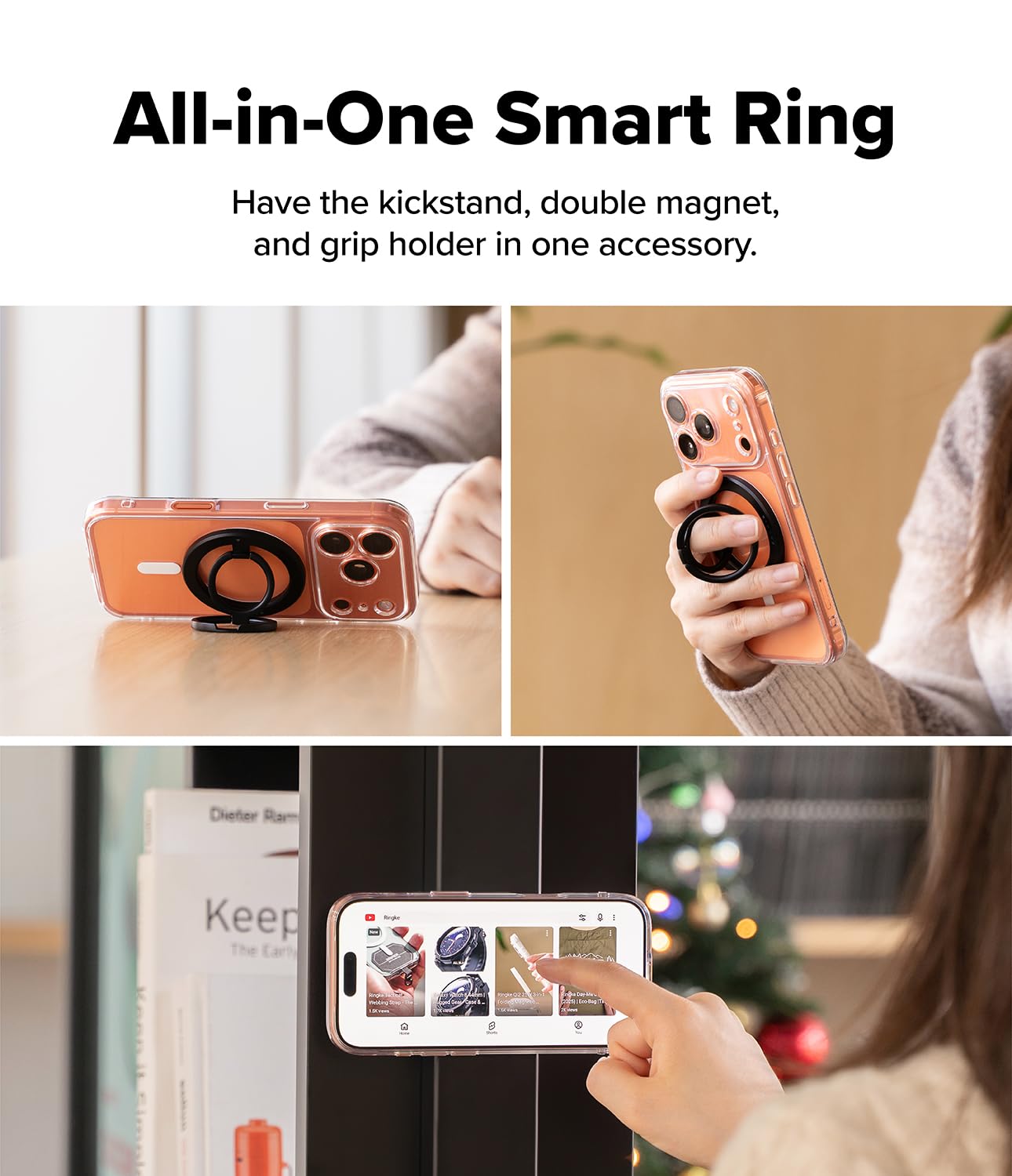 Ringke Dual Magnetic Smart Ring, Compatibile con Custodie Magnetiche per Smartphone, Accessorio per Presa Magnetica Bifacciale con Angolazione Regolabile con Funzione di Supporto - Black