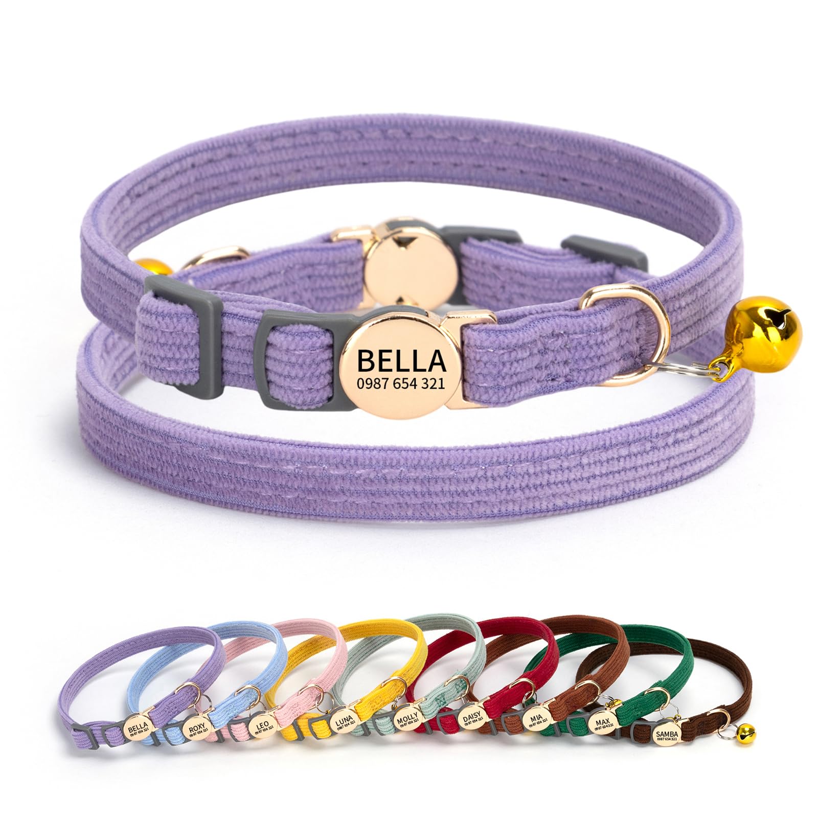 Yonsbox Personalised Cat Collar with Name and Phone Number, Engraved Corduroy Cat Collar with Breakaway Safety Buckle, Adjustable Kitten Collar with Bell, Soft Custom ID Collar for Cats
