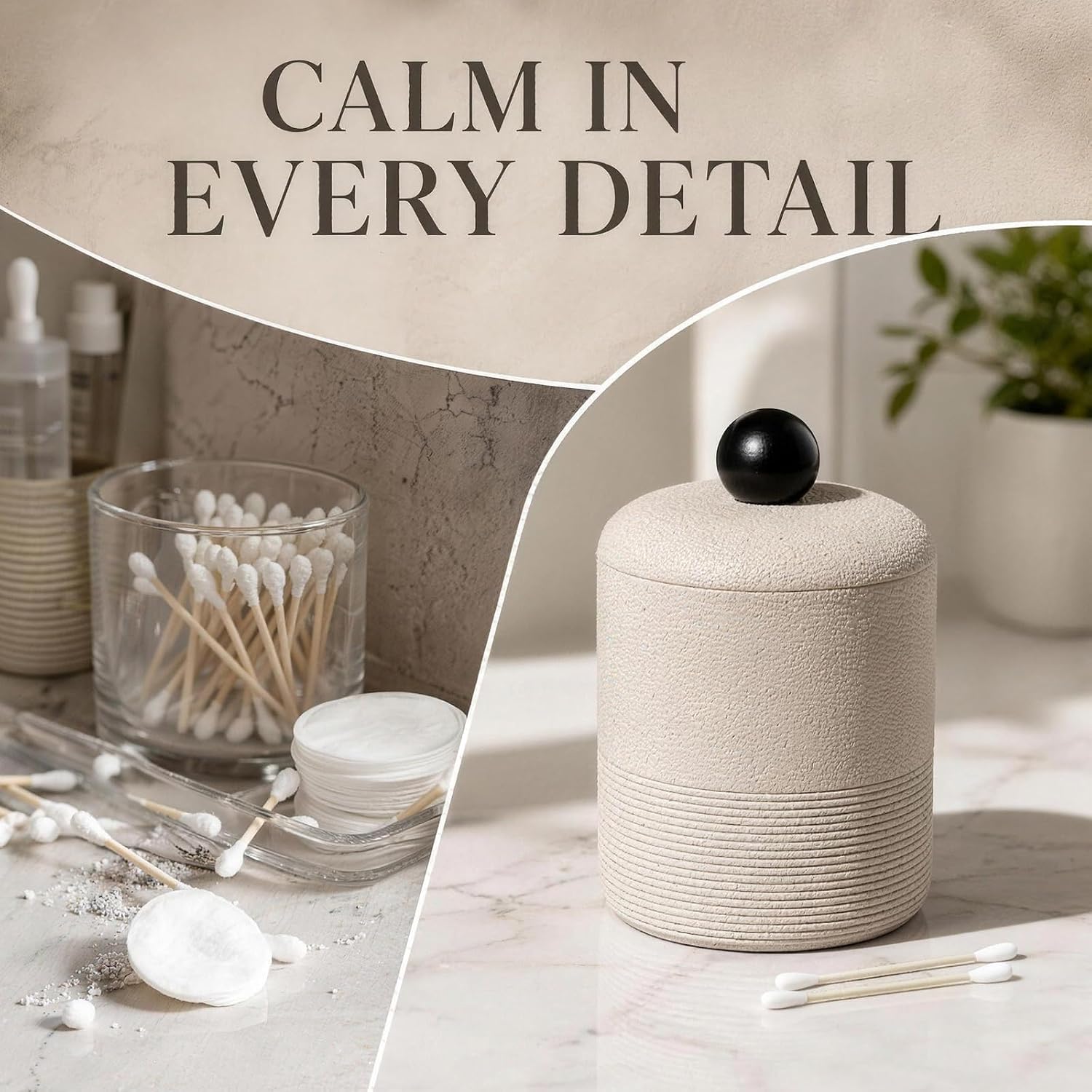 Off-white lidded cotton swab jar for swabs, floss, pads & small items | Crafted from resin & mineral sand, durable with plaster-like texture, sturdy for bathroom use