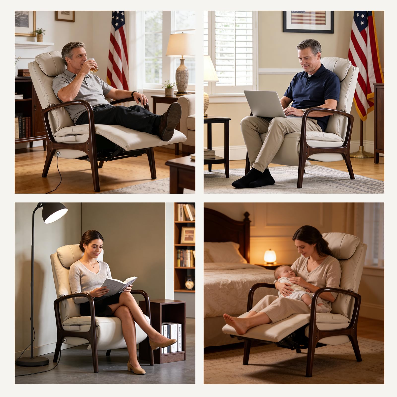 EMIAH Fauteuil Relax avec Accoudoirs en Bois, Soutien Lombaire et Fonction d'extension, Fauteuil Inclinable Électrique avec d'inclinaison et Repose-Pieds, Fauteuil TV avec Appui-tête, Cuir Véritable