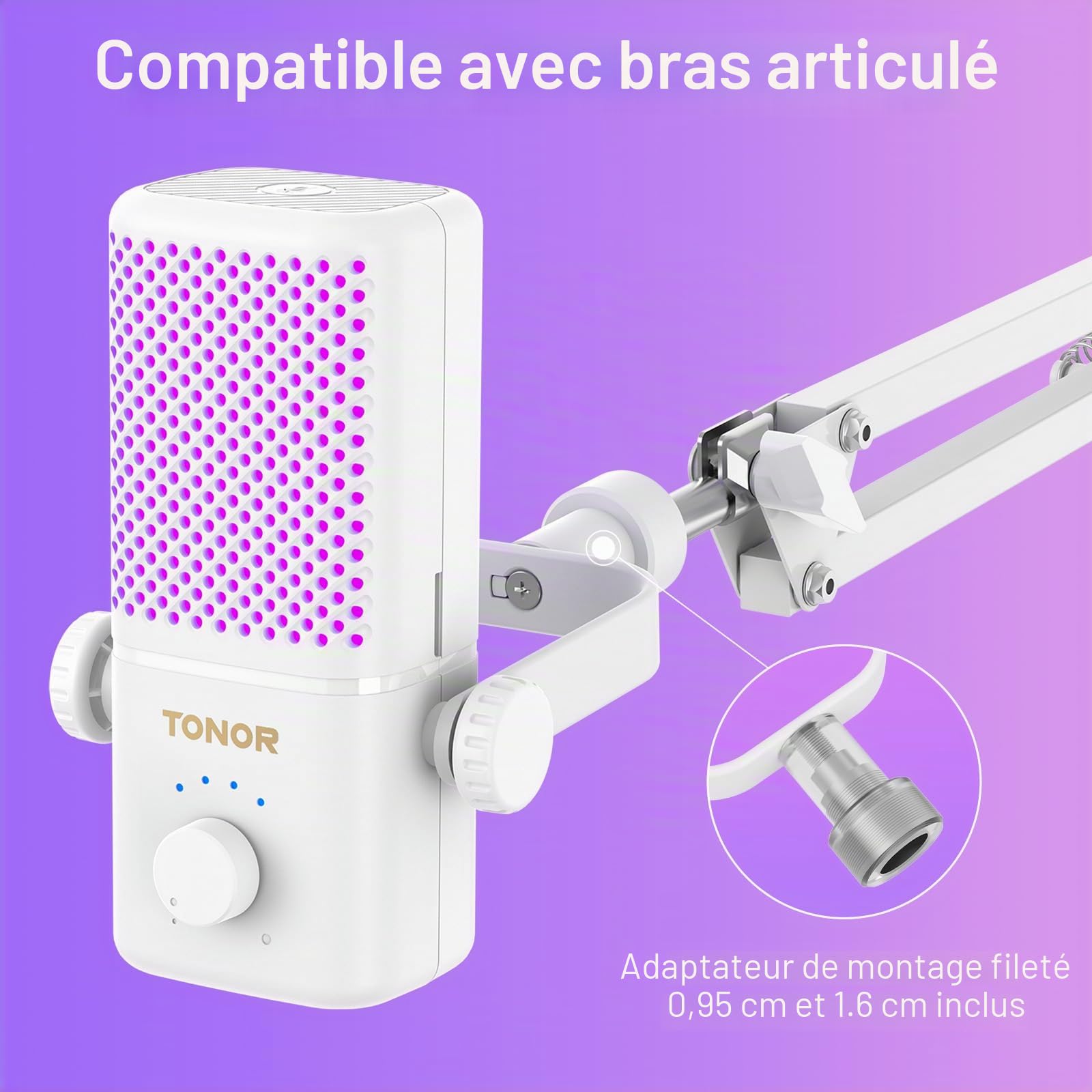 TONOR Micro Gaming Compatible avec Xbox, Microphone de Streaming à Condensateur RGB avec Autonomie de Batterie de 30 Heures, Coupure du Son en Un Clic, Compatible avec Xbox, Blanc, 200cm,TCX3