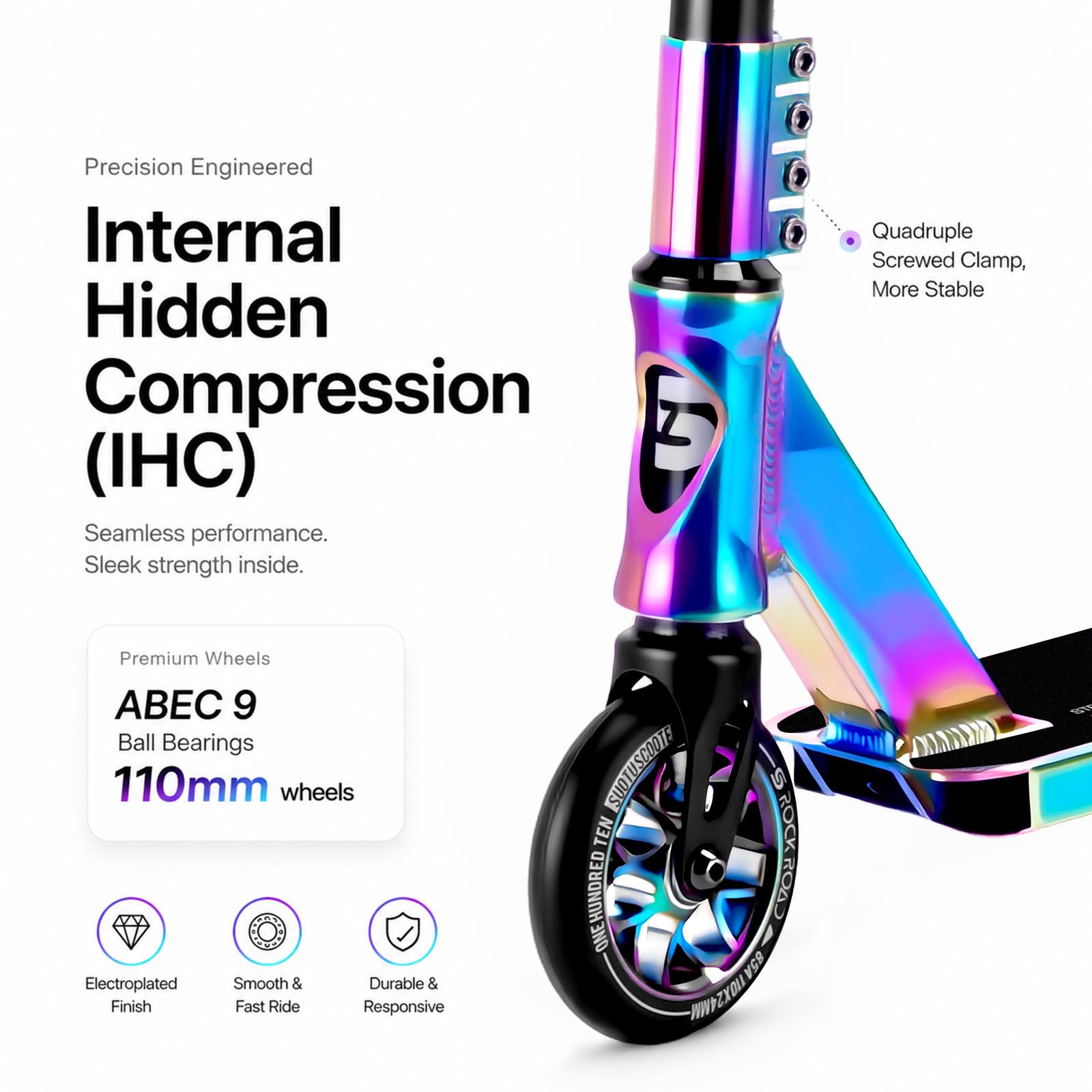 Patinete Freestyle, Dirección de 360°, Ruedas de PU de 85A 110 mm, Scooter Freestyle para Niños Adolescente y Adultos, Capacidad Máxima de Carga: 100 kg, Aluminio (Negro – Arcoíris)