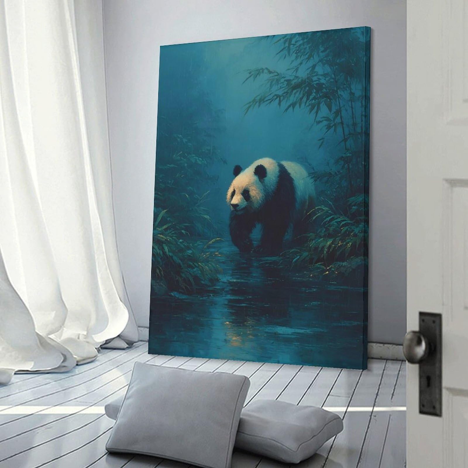 Junmoney Canvas Art Print Panda in A Rainy Bamboo Forest, 24x36inch(60x90cm), for Office, Study Or Home Workspace, Decorative Artwork for Productive Spaces