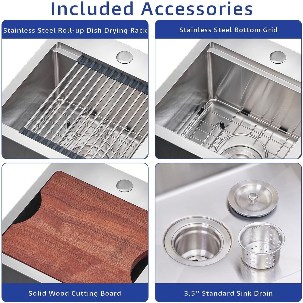 Bewitch 15x15 Inch Drop-in Workstation Bar Sink | 16 Gauge T304 Stainless Steel Topmount Sink | 9" Deep Single Bowl for RV & Laundry with Solid Wood Cutting Board