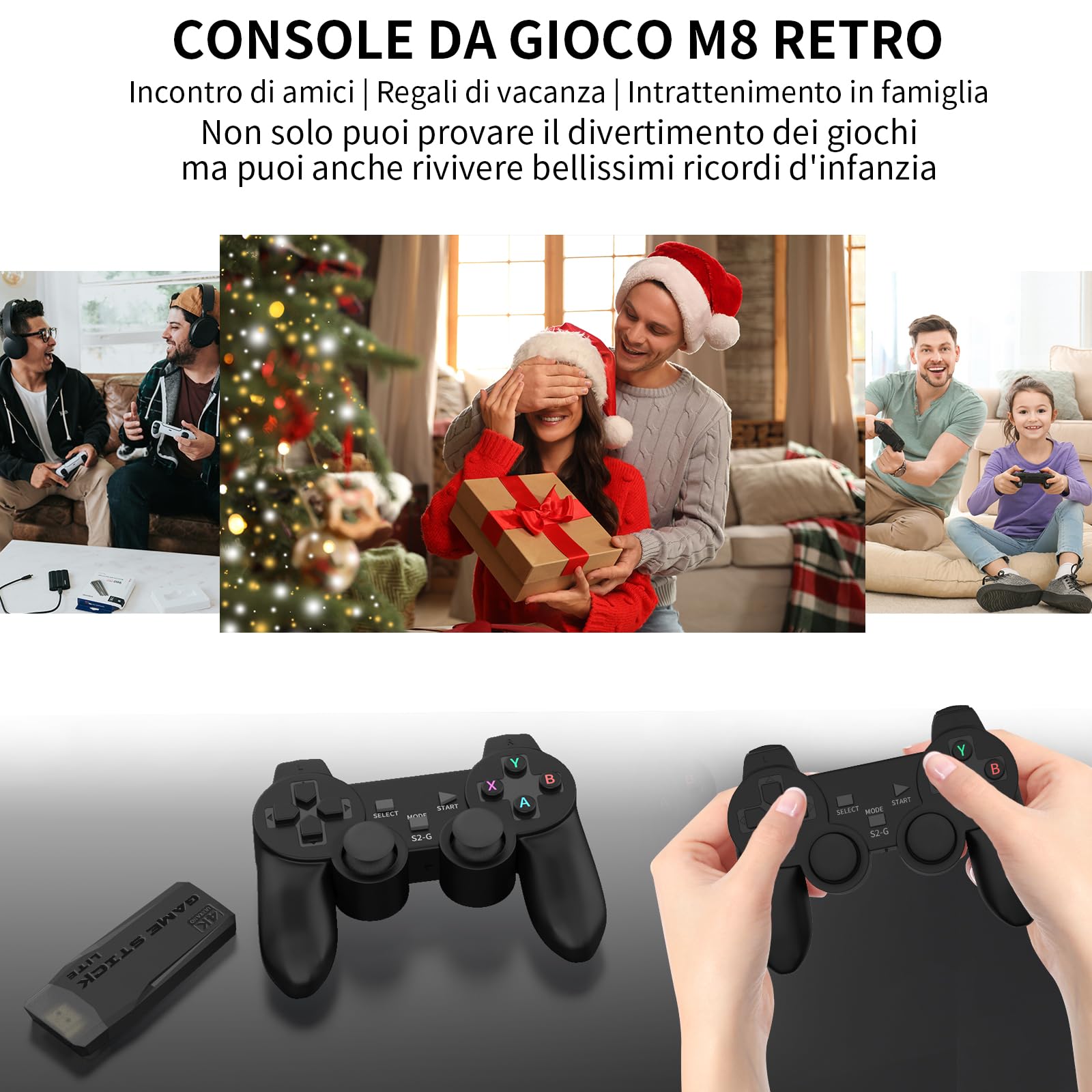 Console di Gioco Wireless Retrò M8, Plug and Play Mini Game Stick, 20,000+ Videogiochi Classici, Dotato di Doppio Controller di Gioco Senza Fili 2.4G, 9 Simulatori, Uscita HD 4K