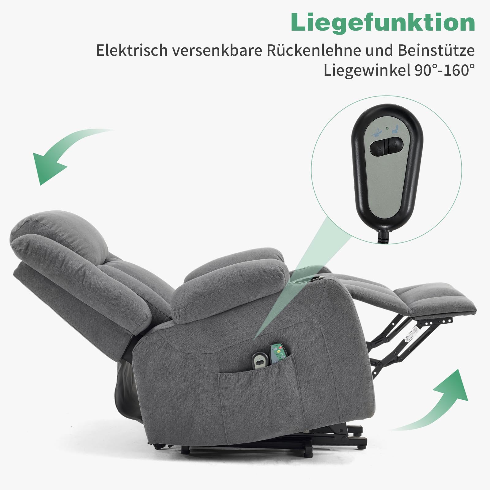 LEADZM Poltrona relax con ascensore, poltrona massaggiante elettrica con funzione sdraiata, riscaldamento massaggiante, 2 tasche laterali, supporto per bevande, sedia reclinata, poltrona TV, grigio