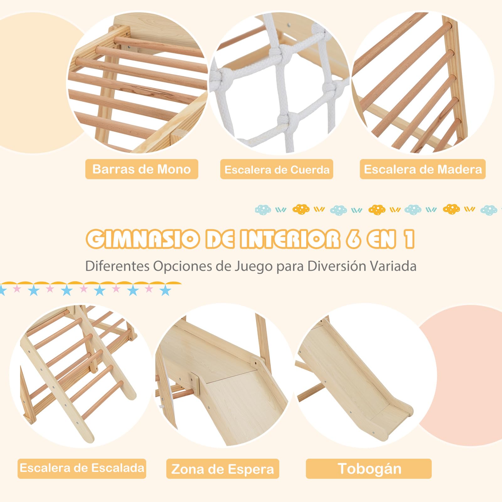 COSTWAY Parque Infantil para Interior 6 en 1, Montessori Parque Infantil Barras, Tobogán, Cuerda y Escaleras de Madera, Juego Escalador de Juguete con Anclajes para Niños 1+ Año (Natural)