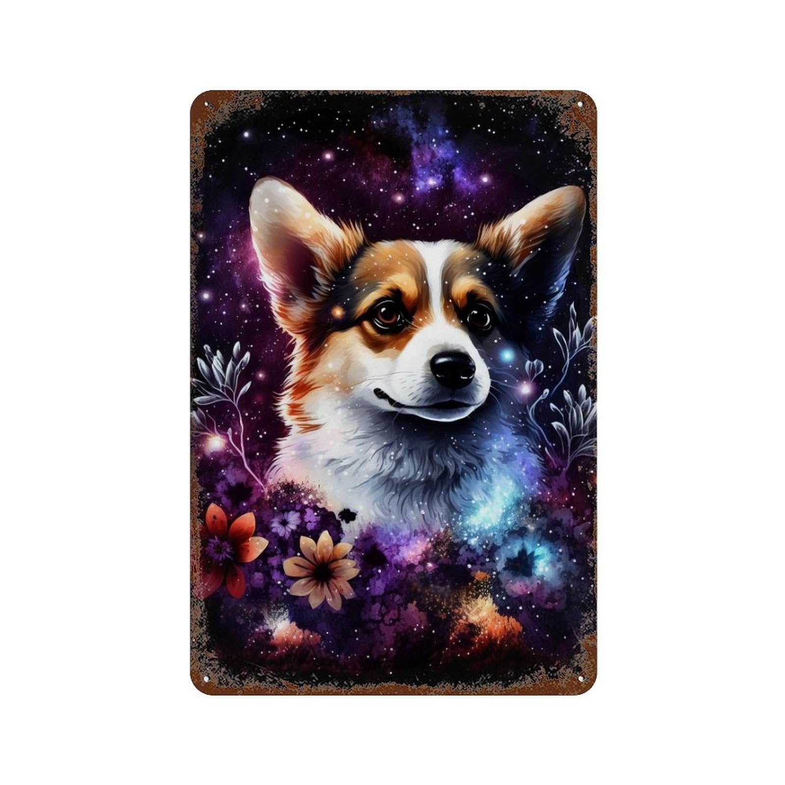Galactic Corgi with Flowers Vintage Metal Tin Sign 11.8"x7.9", Ideal for Basement, Hobby Room And Garage Decor