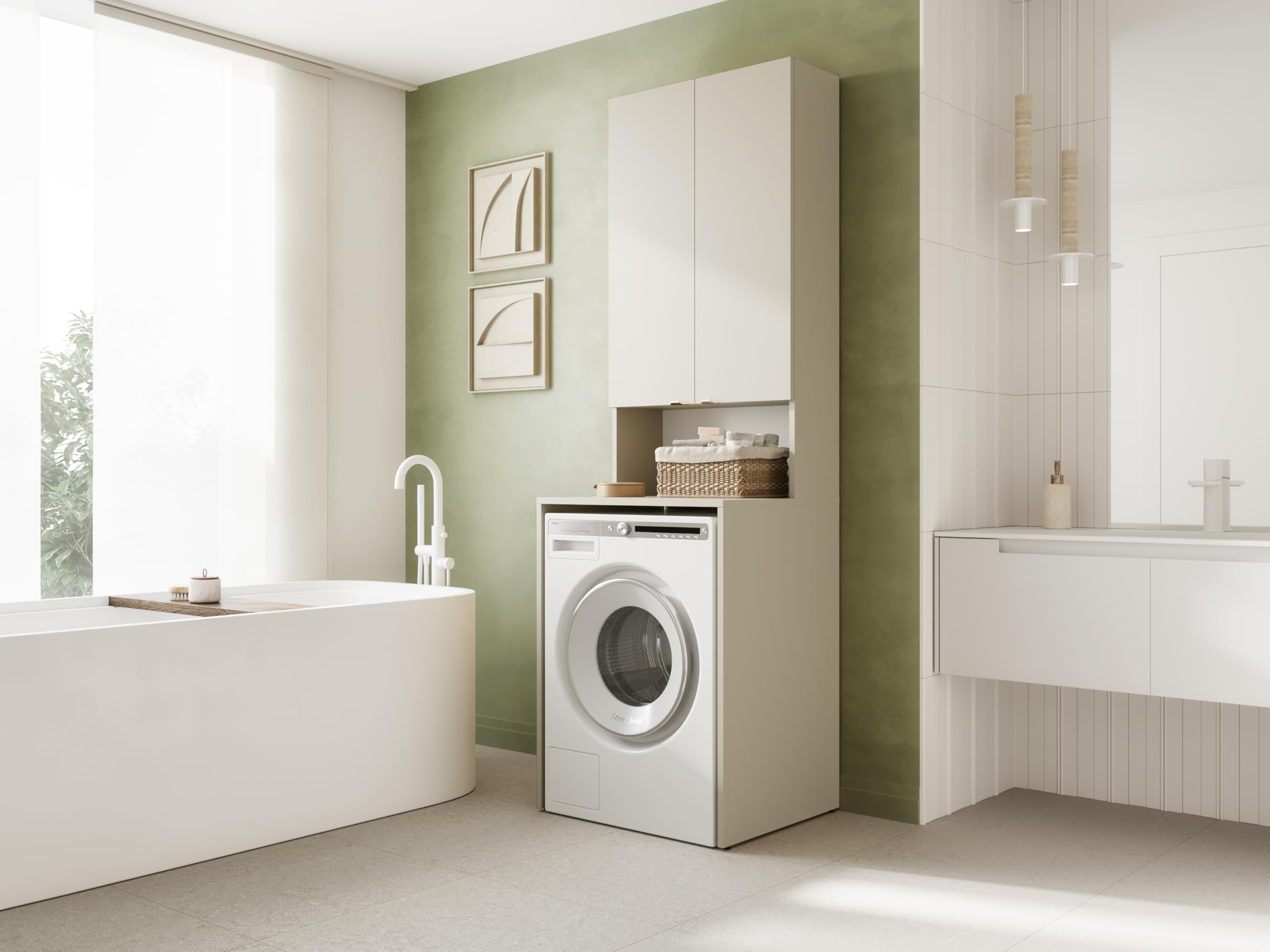 PLATAN ROOM Armadio per lavatrice e asciugatrice, 210 x 66 x 50/56 cm, bianco (cashmere (beige), profondità 56 cm)