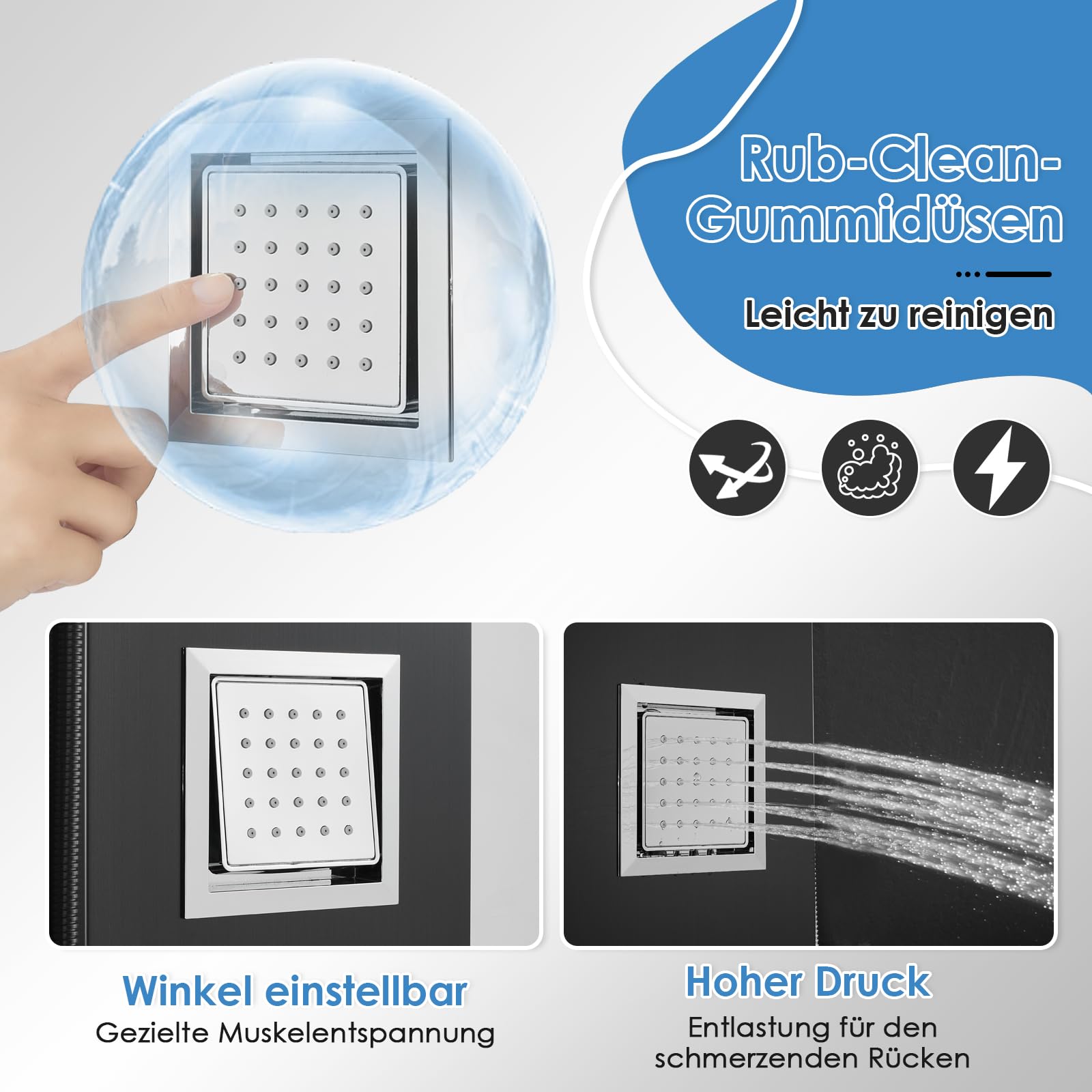 Panel de ducha con grifo y luces LED, con batería, columna de ducha, juego completo con ducha de lluvia, ducha cascada, chorros de masaje cuadrados, ducha de mano y caño de bañera, acero