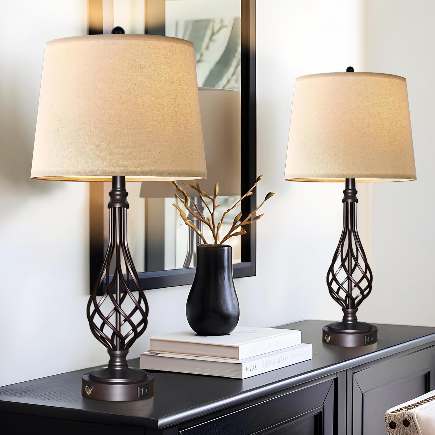 RAIKAGE Lamps for bedrooms Set of 2 Metal Spiral cage Table Lamps 28.5" Touch Control 3Way