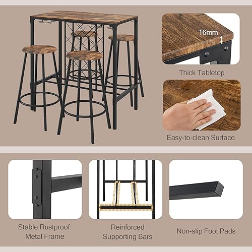 Miniatura 8 de COSTWAY Juego de comedor de 5 piezas de altura de barra, mesa y taburetes para 4 personas con estantes para vino y soportes para vidrio, juego de