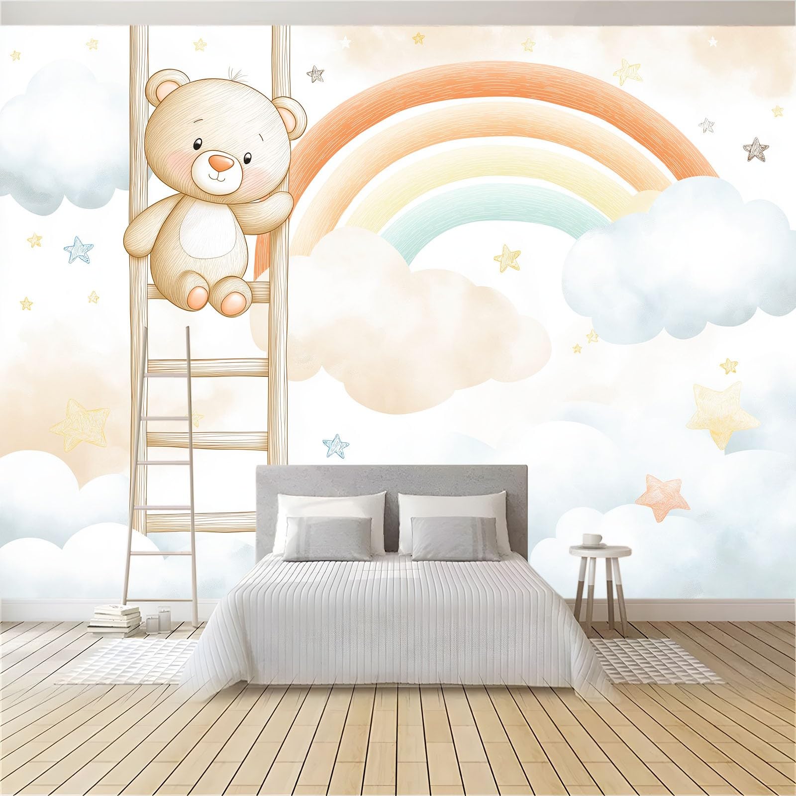 Panoramiczna tapeta 3D kreskówka niedźwiedzie drabiny tęcze białe chmury 200 x 140 cm, tapeta z włókniny - fresk ścienny do salonu, sypialni i biura, dekoracja ścienna druk HD
