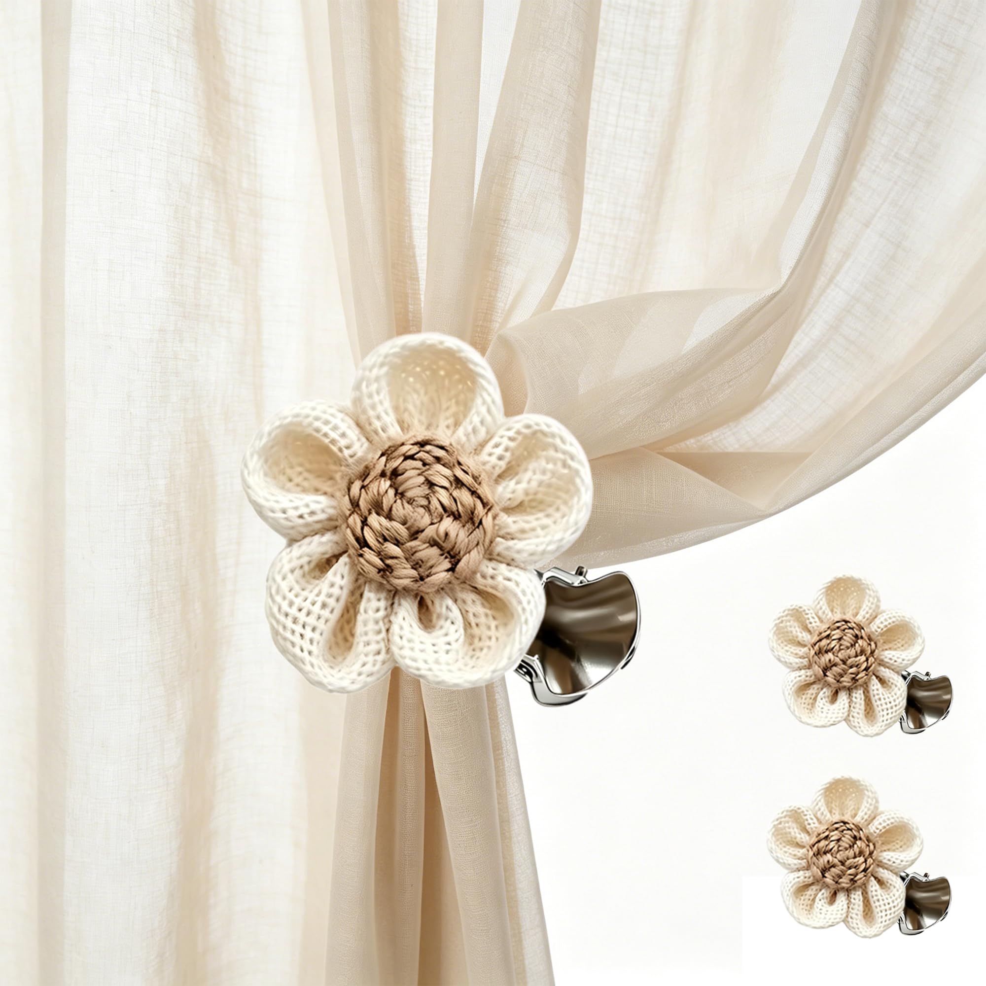 SRG Curtain Tiebacks for Curtains 2 Pack, Decorative Curtain Holdbacks for Drapes, Handmade Tie Backs No Drilling for Home Bedroom Window Decor – Jute Flower Beige