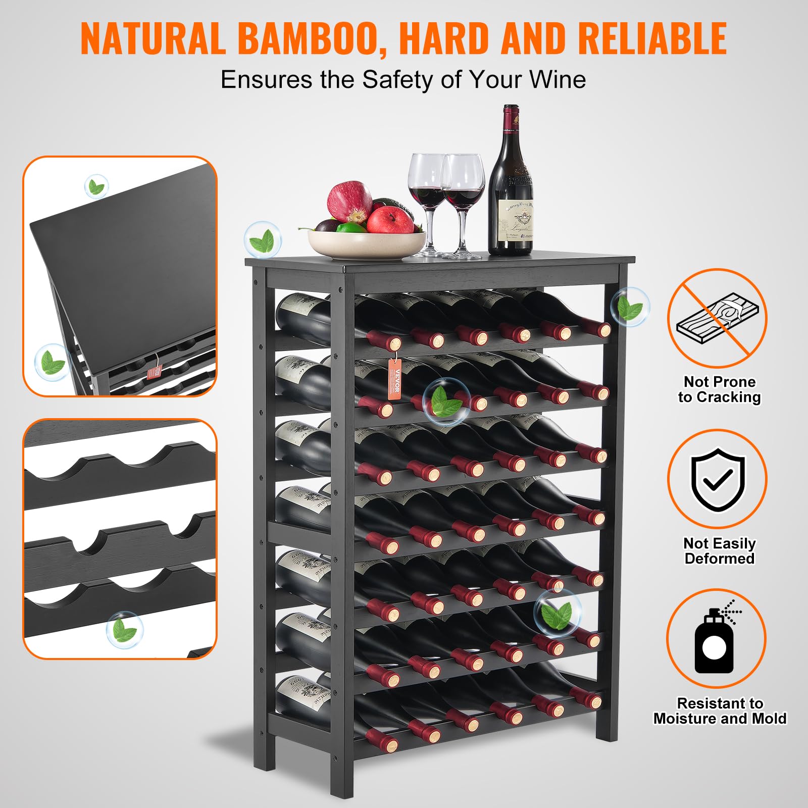 VEVOR Botellero Apilable de Vino para 42 Botellas Estante de Almacenamiento de Bambú 660x290x1000 mm Botellero Independiente de 7 Niveles Estantes sin Sacudidas para Cocina, Bar, Bodega, Negro