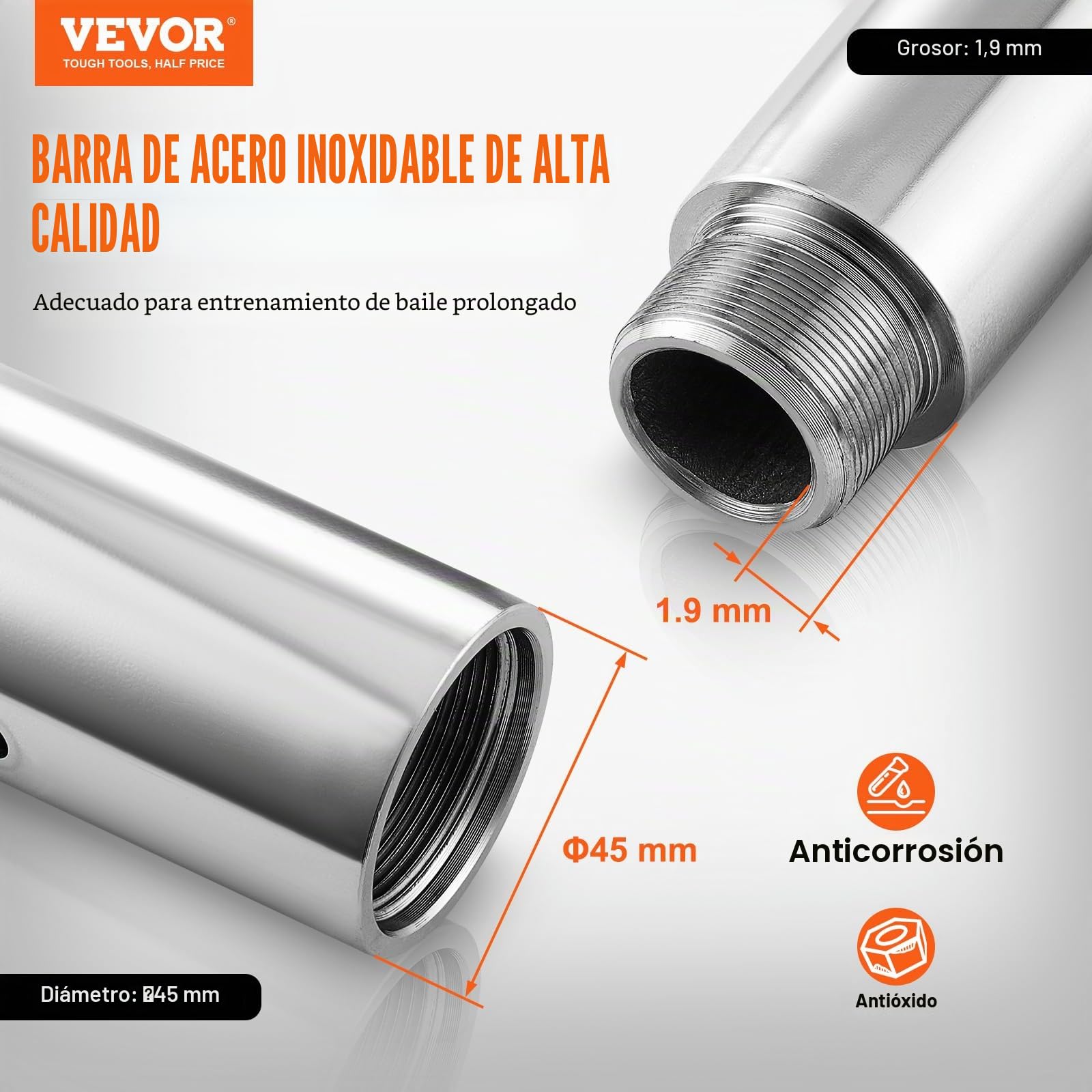 VEVOR Barra de Baile Profesional 2810x230 mm Barra de Baile Estática y Giratoria Kit de Danza en Barra Vertical Extraíble y Portátil Barra de Acero Inoxidable Resistente Altura Ajustable para Bar Club