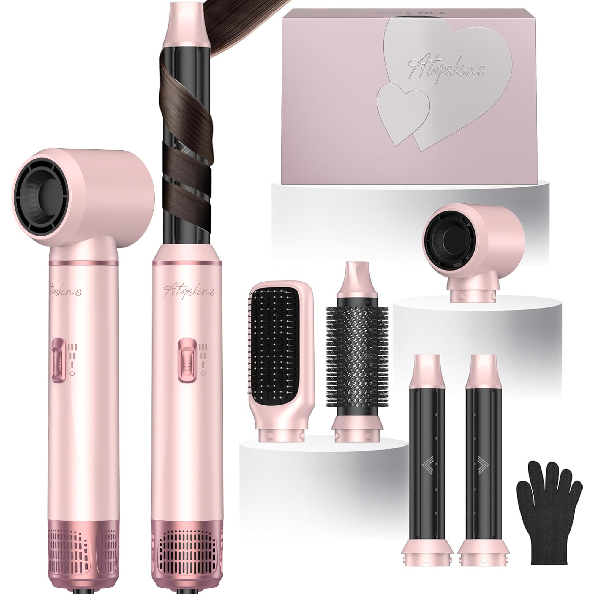 Atopskins 5 en 1 Air Styler Brosse Soufflante, 1000W Seche Cheveux Ionique, Air Boucleur a Cheveux, Hair Styler Brosse Soufflante Brushing, Brosse Lissante, Pour Cheveux Bouclés, Sécher les Cheveux