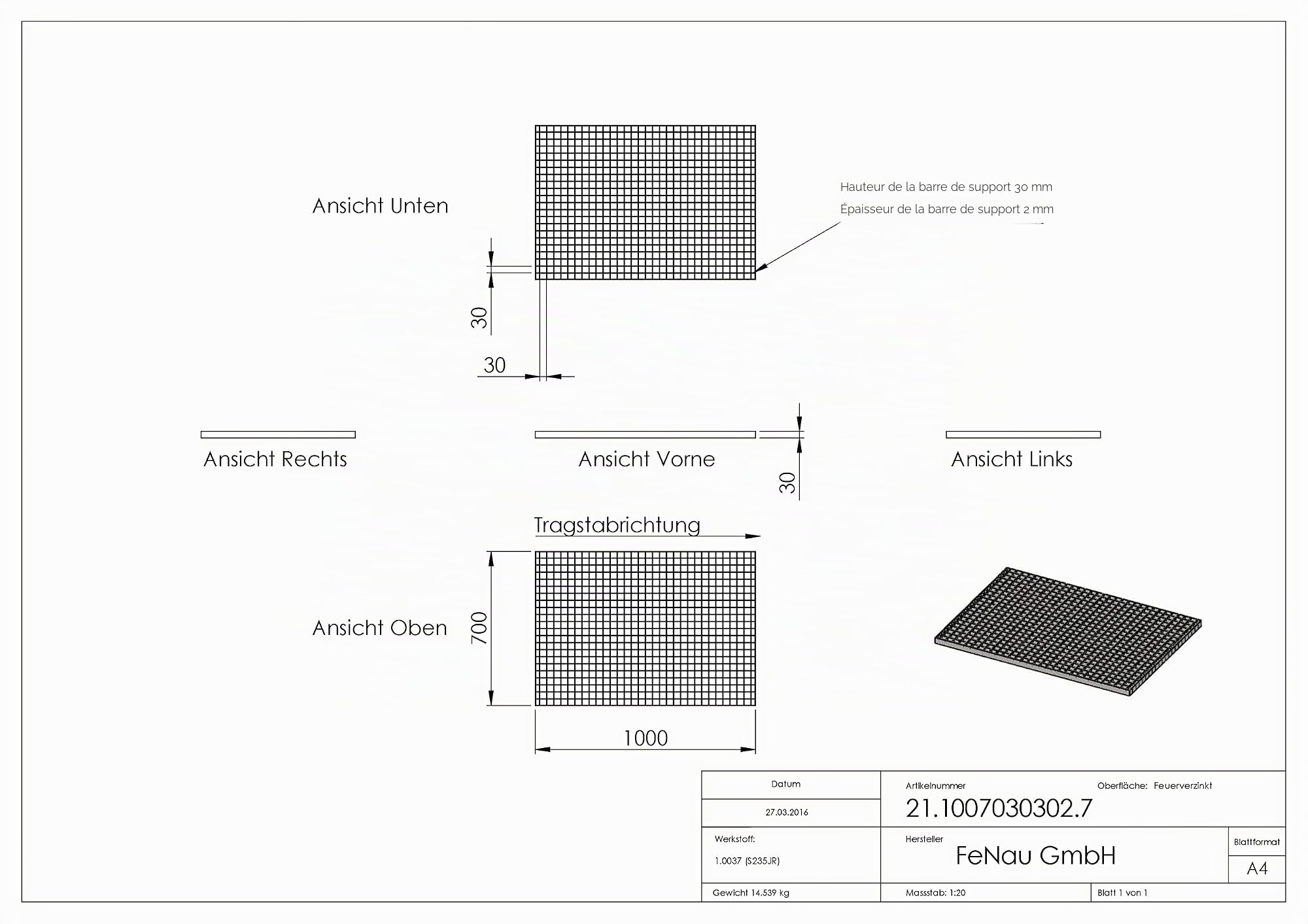 Fenau | Caillebotis industriels Dimensions : 1000 x 700 x 30 mm (MW : 30/30 mm) - Epaisseur du matériau : 2 mm - Charge sur roue : 1,52 kN/Charge superficielle (m²) : 7,84 kN
