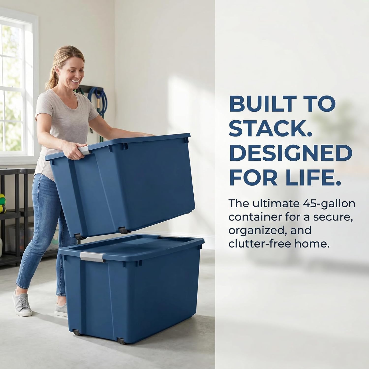 2Pcs 45-Gallon Large Storage Box with Lockable Lid and Stackable Plastic Storage Container, Suitable for Garages, Basements and Household Storage (Blue)