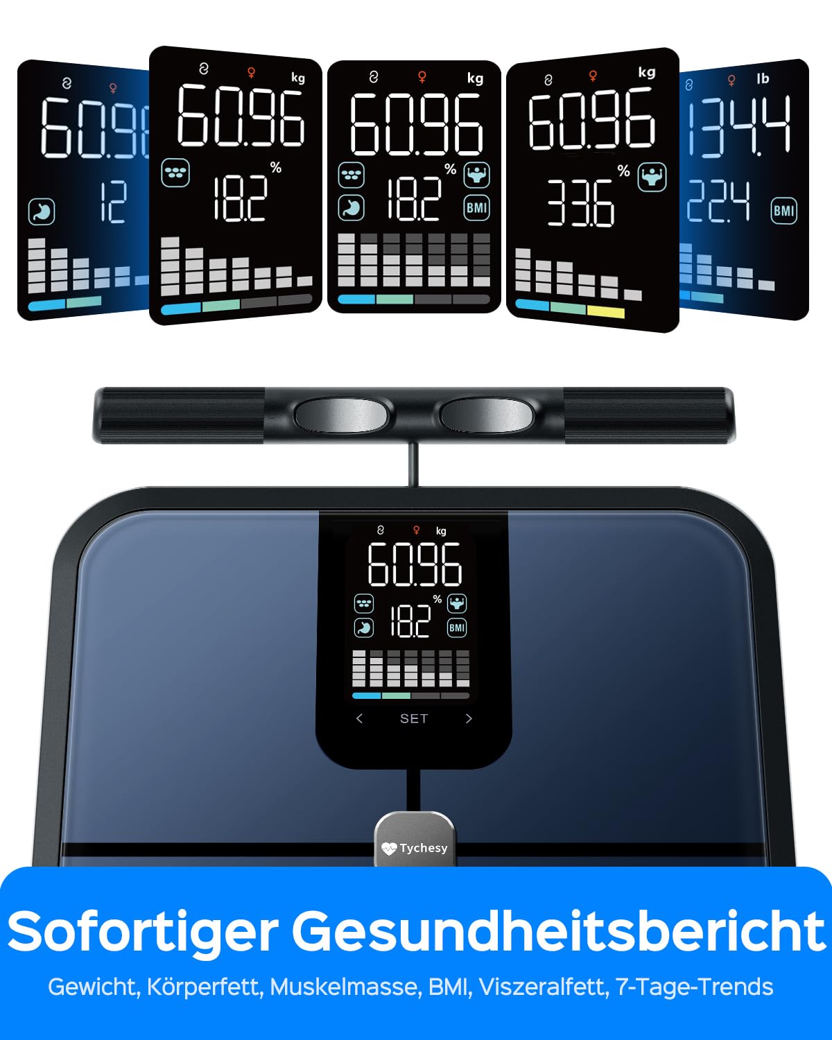 Körperfettwaage mit Handsensoren, 8 Elektrode Waage mit Körperfett und Muskelmasse, BMI, und 29 Körpermesswerte, Digitale Personenwaage mit Körperfettanalyse, Bluetooth App, VA-Display, 180 kg
