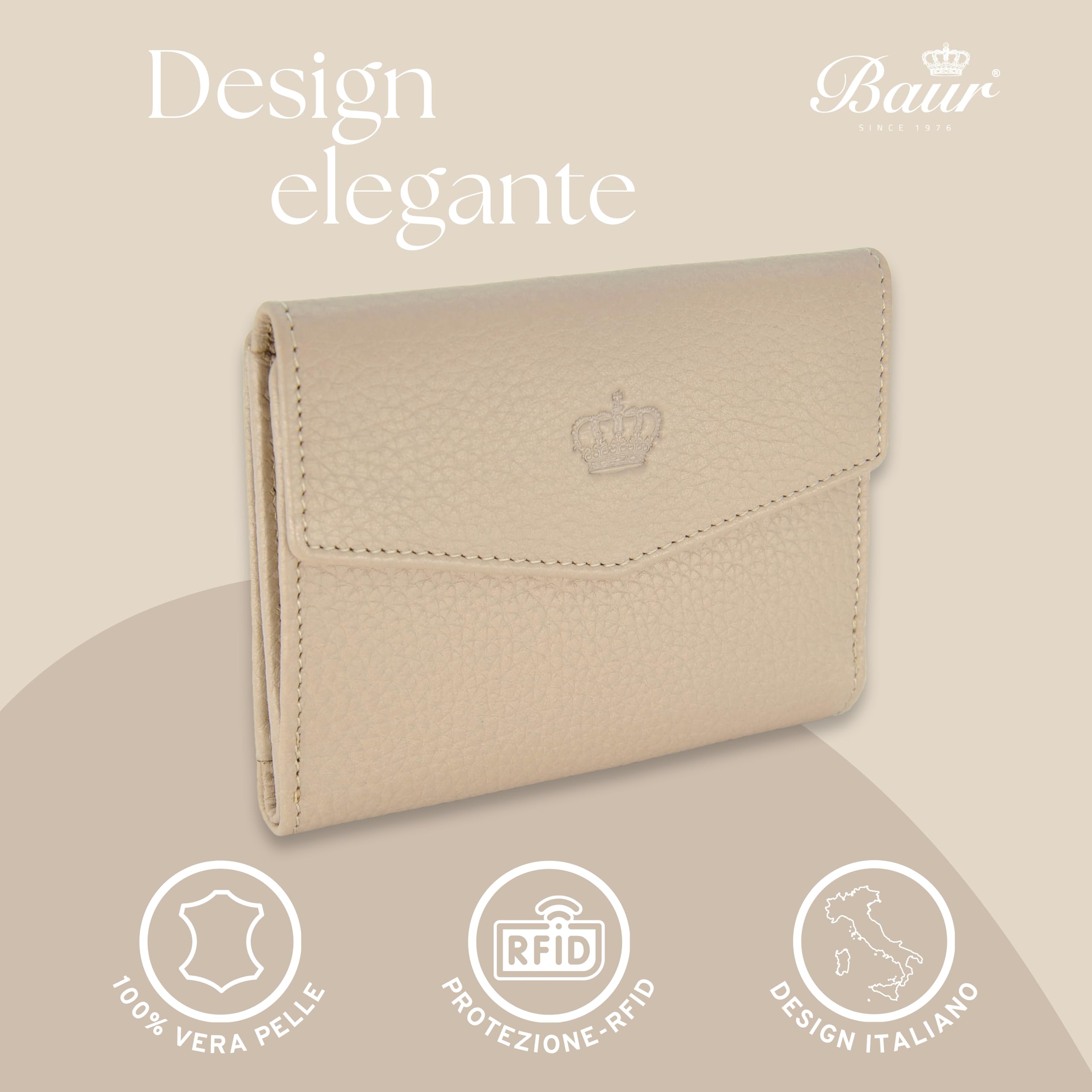 Baur portafoglio da donna – vera pelle con protezione RFID – portafoglio piccolo con 6 scomparti per carte – chiusura a bottone a pressione (Talpa)