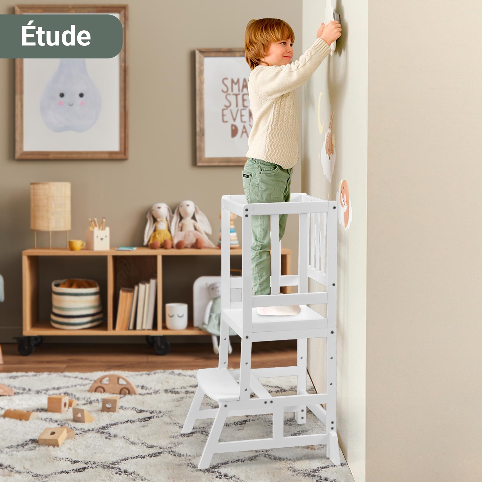 COSYLAND Tour d’Observation Montessori pour Enfant, Hauteur Réglable, Bambou Naturel, Chaise d’Apprentissage Bébé 18 Mois - Classic White