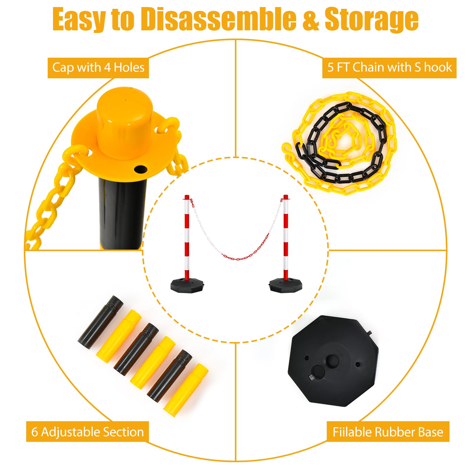 ERGOMASTER 24~34 Inches Adjustable Delineator Post Traffic Cones Safety Cones for Parking Lot Construction Caution Road Stanchions with Fillable Base and 5FT Chains Barriers (6 Pack-Yellow & Black)