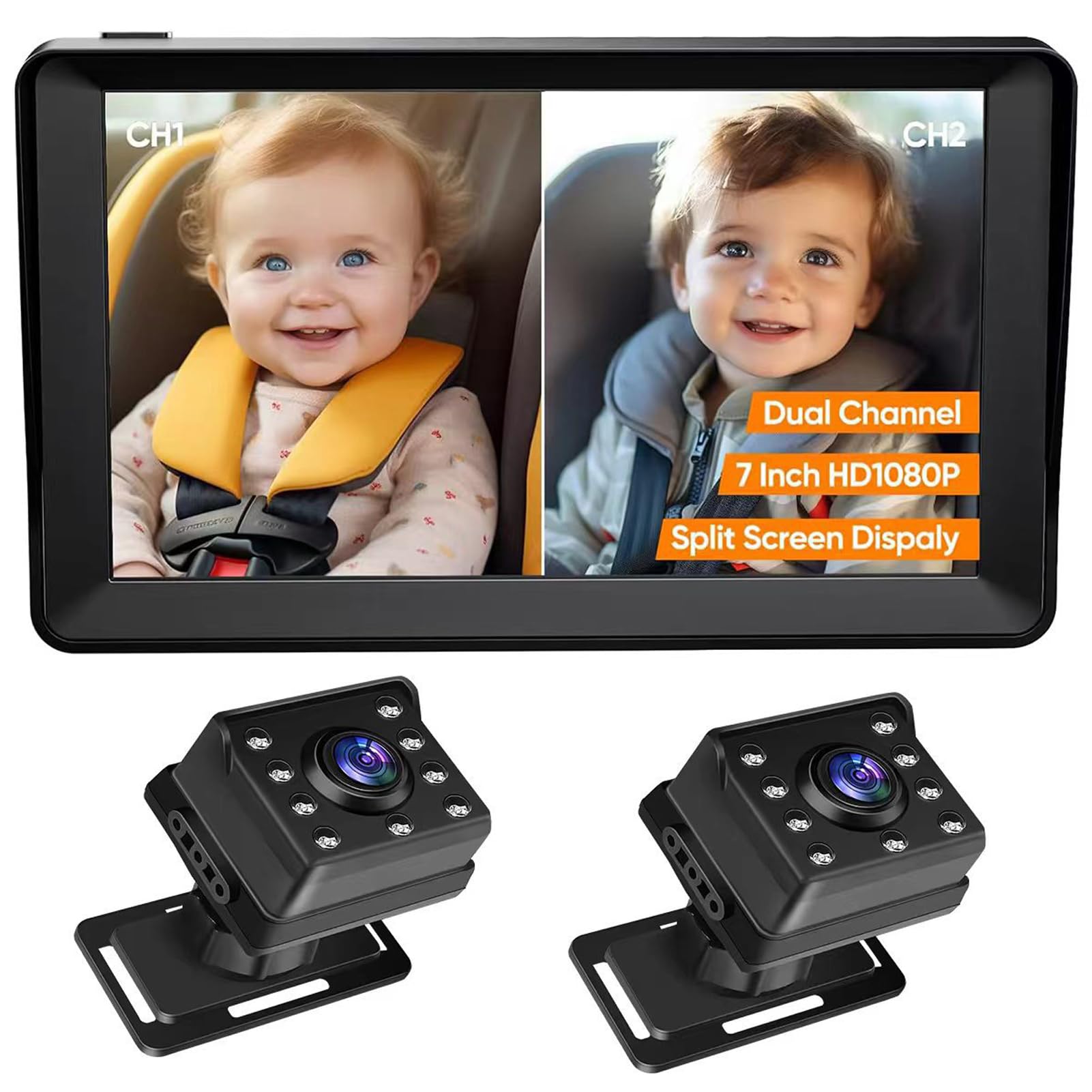 Caméra de Voiture pour bébé, Moniteur de siège arrière à Double Canal 7 Pouces 1080P avec Vision Nocturne IR pour siège arrière