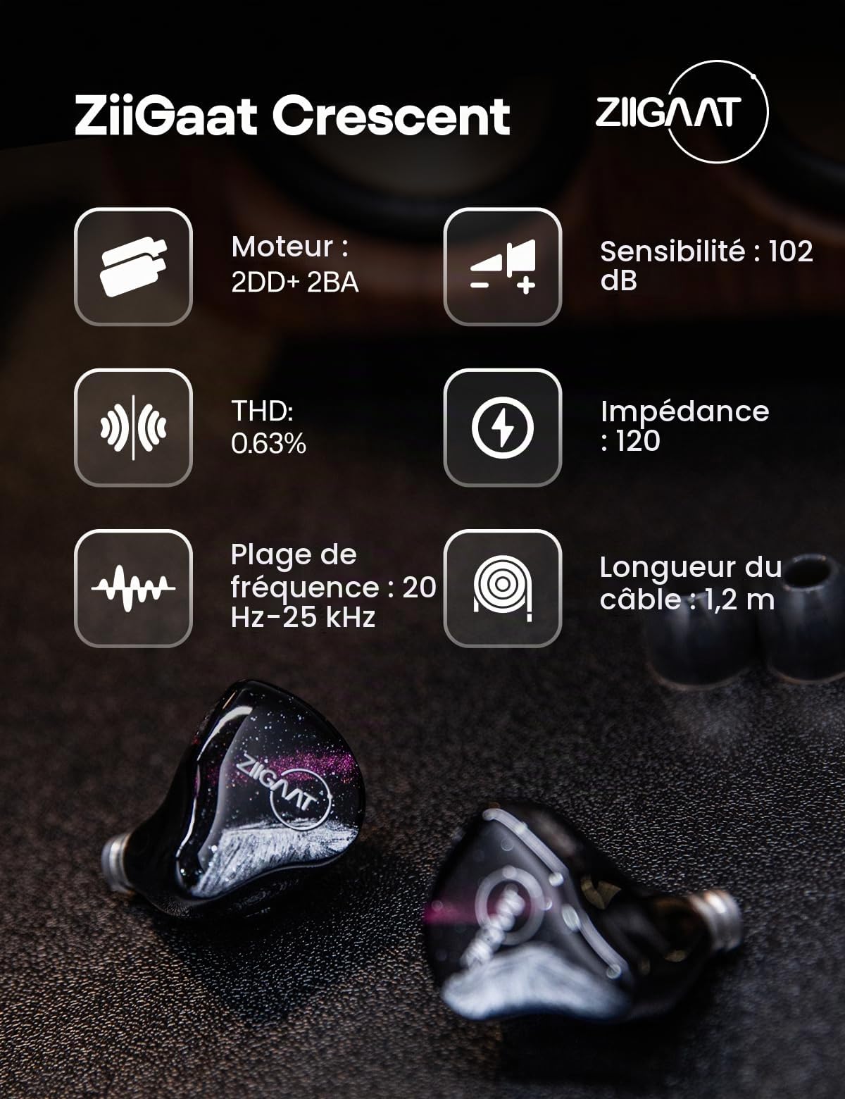 Linsoul ZiiGaat Crescent Moniteur Intra-auriculaire, Premium Écouteurs IEM | Hybrides 2DD+2BA, Basse isobare, Son analogique Vintage, Coque en résine imprimée en 3D pour Musiciens/Studio