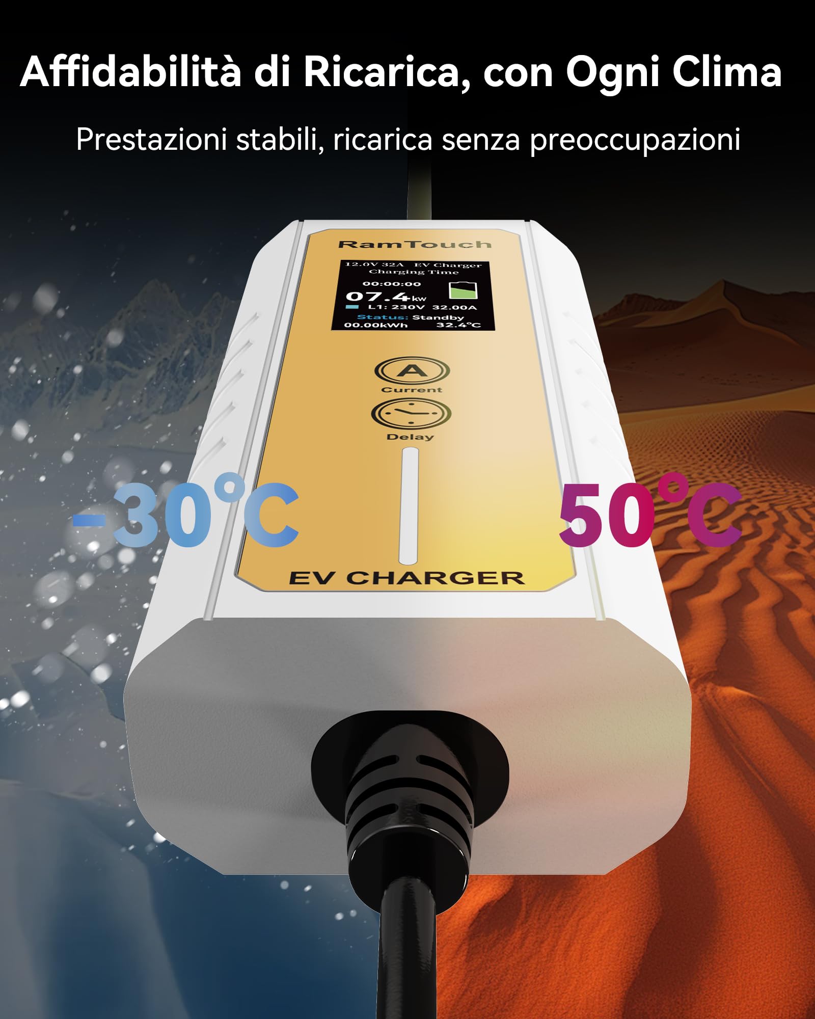 Caricabatteria da Auto Elettrico (7,4 KW, 6,5 m, Tipo 2, CEE P17 32A) - Cavo di Ricarica con amperaggio Regolabile 6A-32A, Ricarica ritardata e Programmata, terminale di Ricarica Mobile per