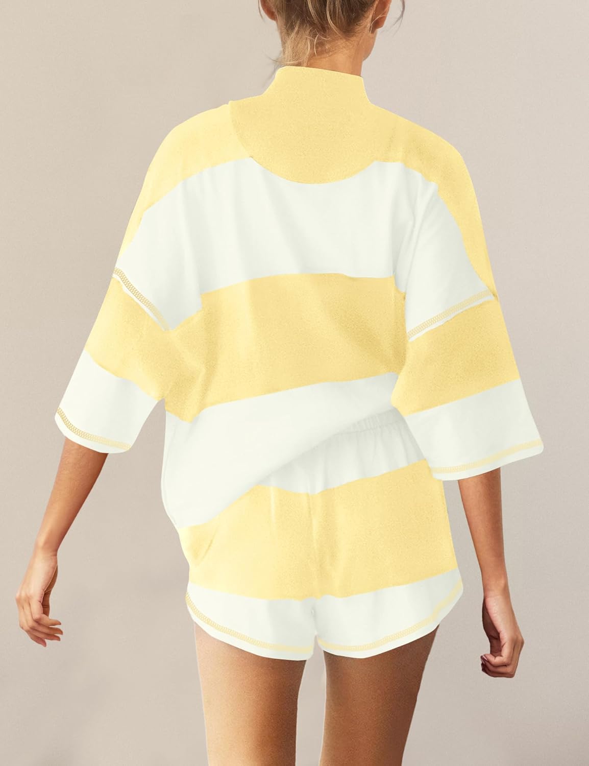 Panadila Women Striped Workout Set Two Piece Outfit Tracksuit Oversized Lounge Set Top and Shorts Sets with Pockets - Image 3