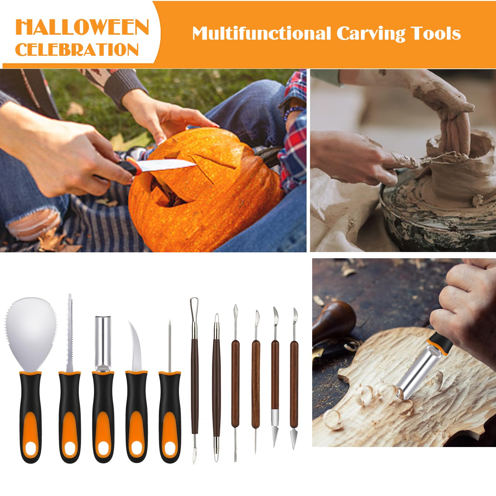Kit per intagliare la zucca 28 pezzi acciaio inox stencil Halloween