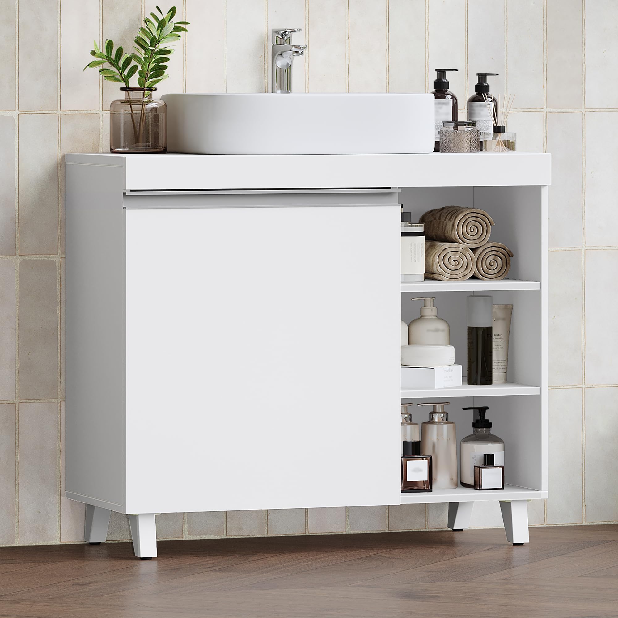 Hzuaneri Szafka pod umywalkę, meble łazienkowe, 1 drzwi, 3 otwarte półki, szafka dolna z regulowanymi półkami, wolnostojąca, 30 × 70 × 64 cm, biała BC27903X