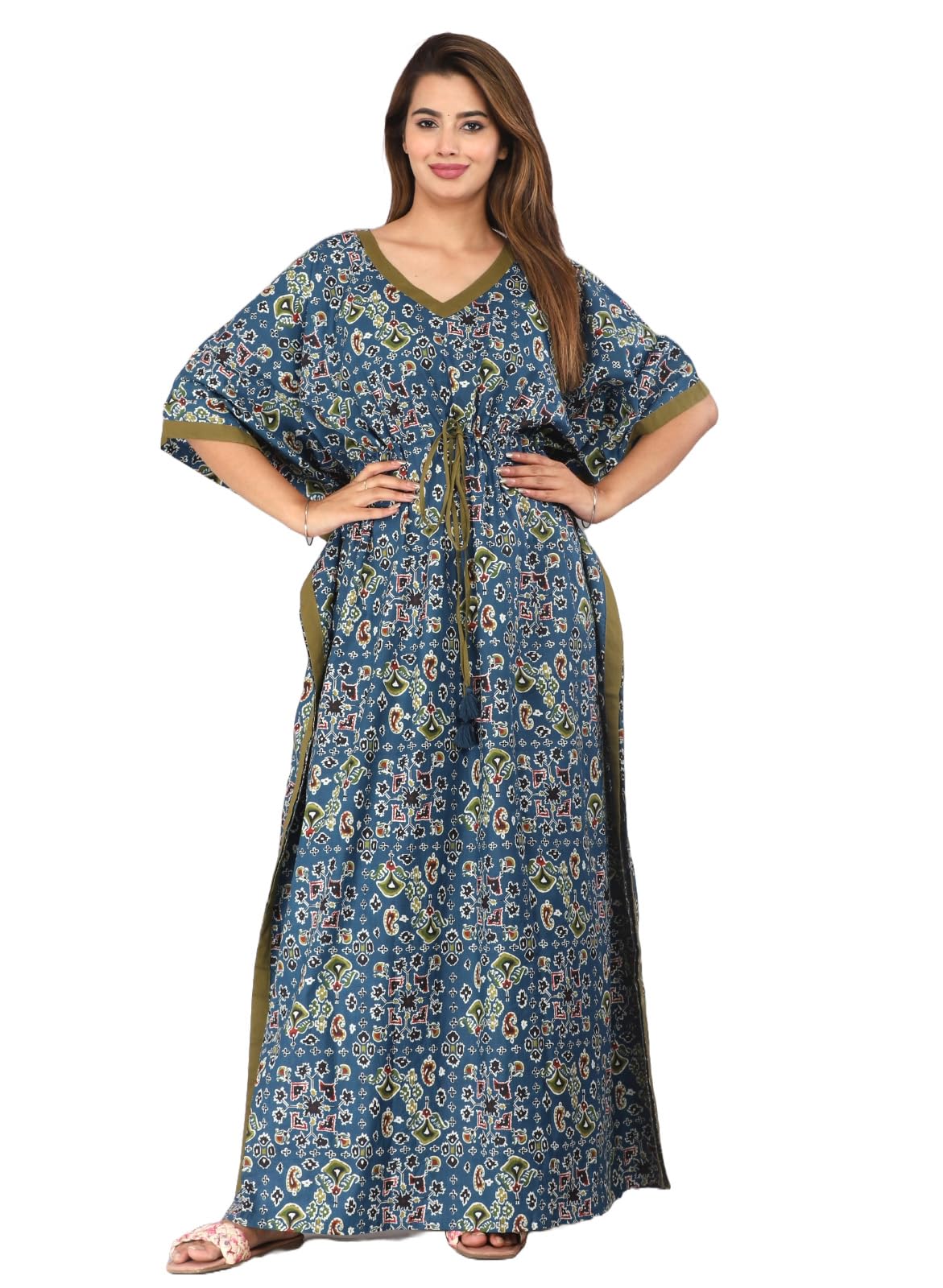 Women's Printed 100% Cotton Kaftan (Teal Blue, Free Size) - K123, Maxi