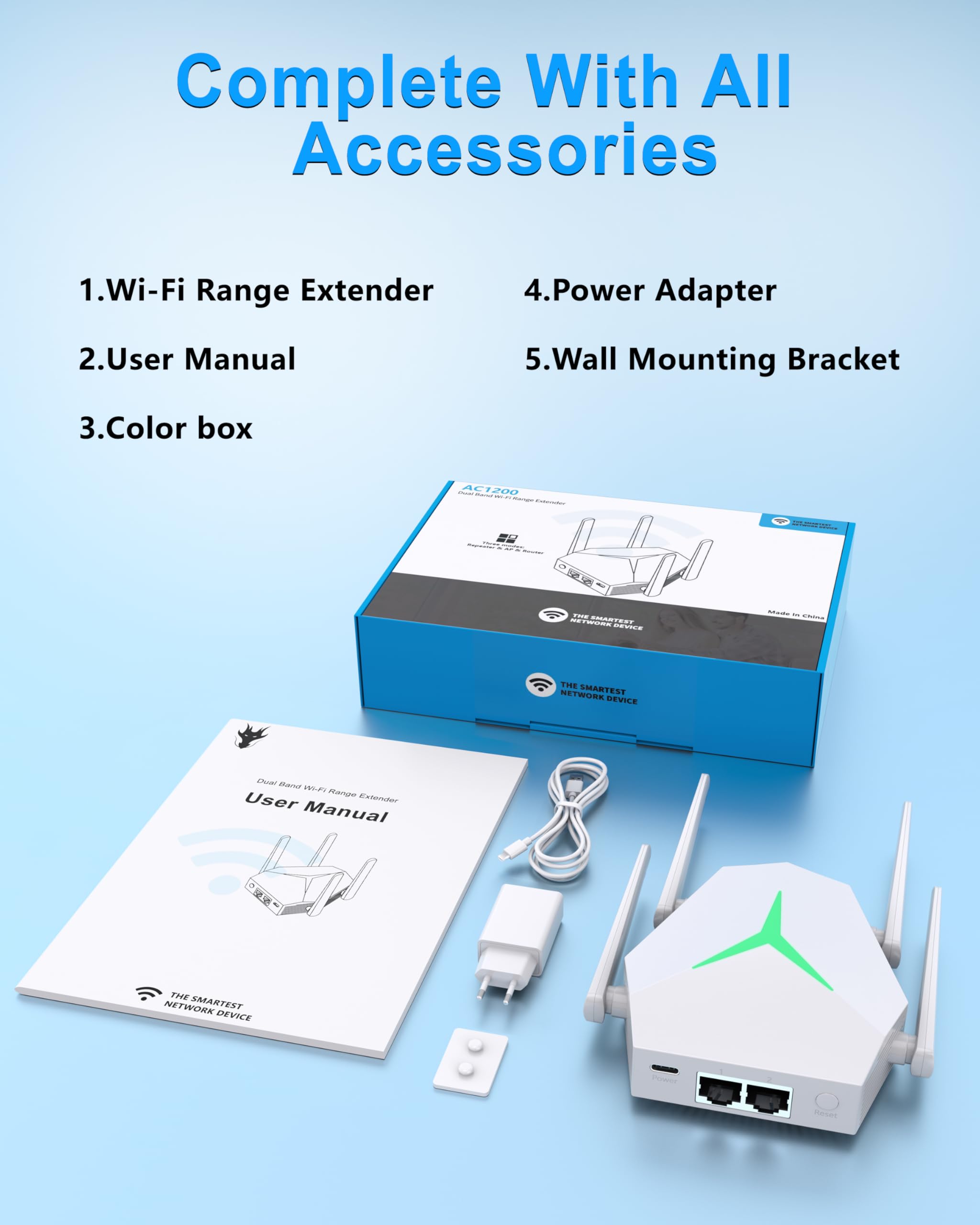 Ripetitore WiFi 1200 Mbps, Amplificatore con LED Disattivabile | Luce LED notturna disattivabile senza disturbi; 4 antenne e modalità Ripetitore/Router/AP per una copertura flessibile