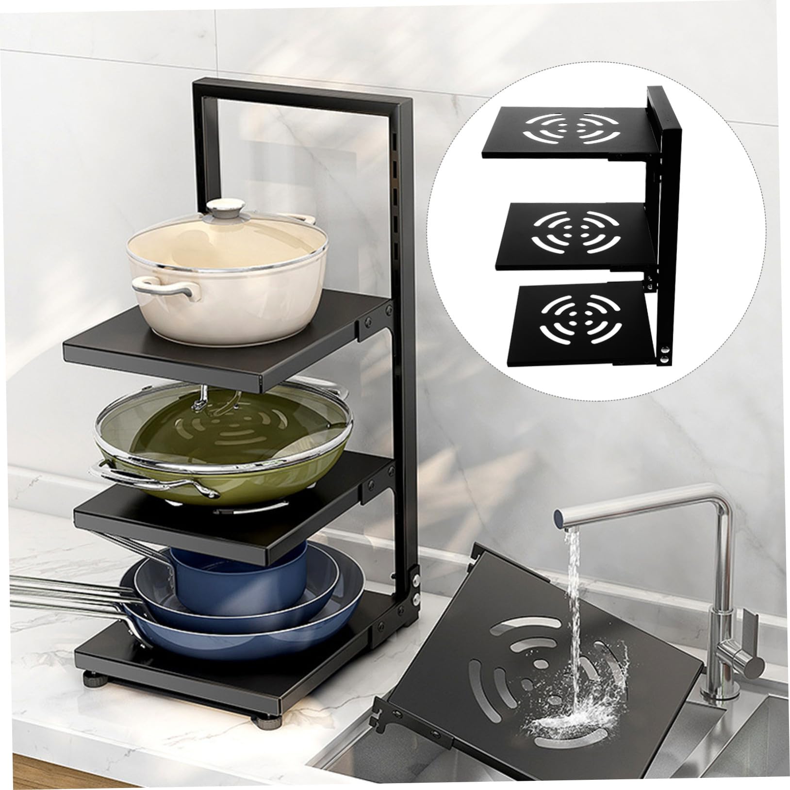 VALICLUD Organizer per Cucina Nero per Acciaio al Carbonio a 3 Livelli in Acciaio al Carbonio Portapentole Regolabile Spaziatura Adattabile, per Armadietti e Sotto Lavello