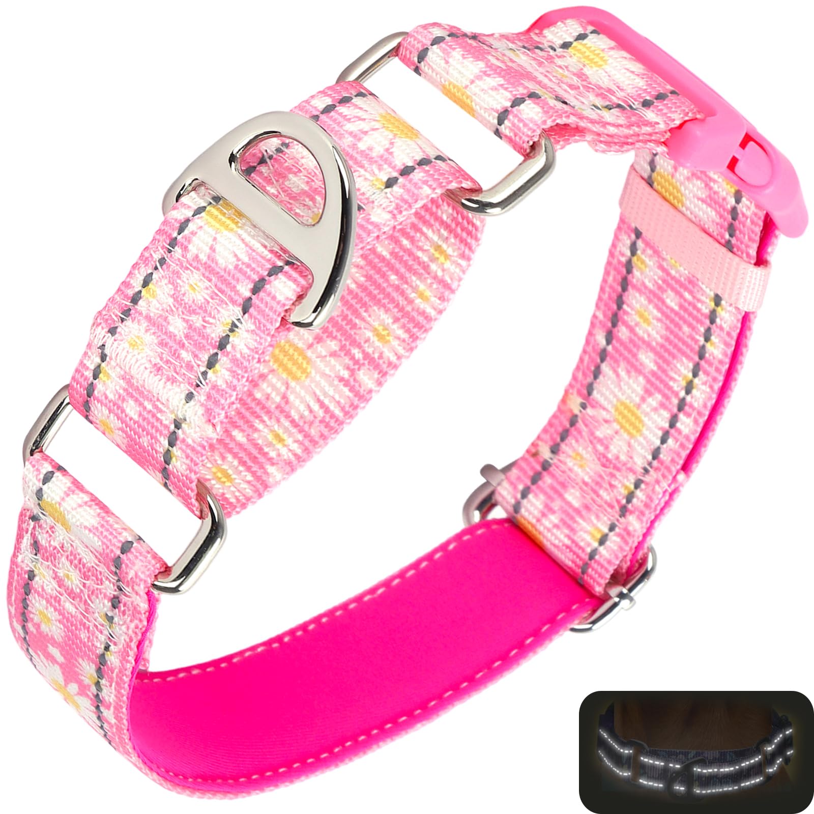 ONEFOJOJO Pink Daisy Martingale Dog Collars for Dogs, Reflective Nylon Dog Collar with Buckle Adjustable Training, Walking, Hunting No Slip Dog Collar (Medium, Daisy)
